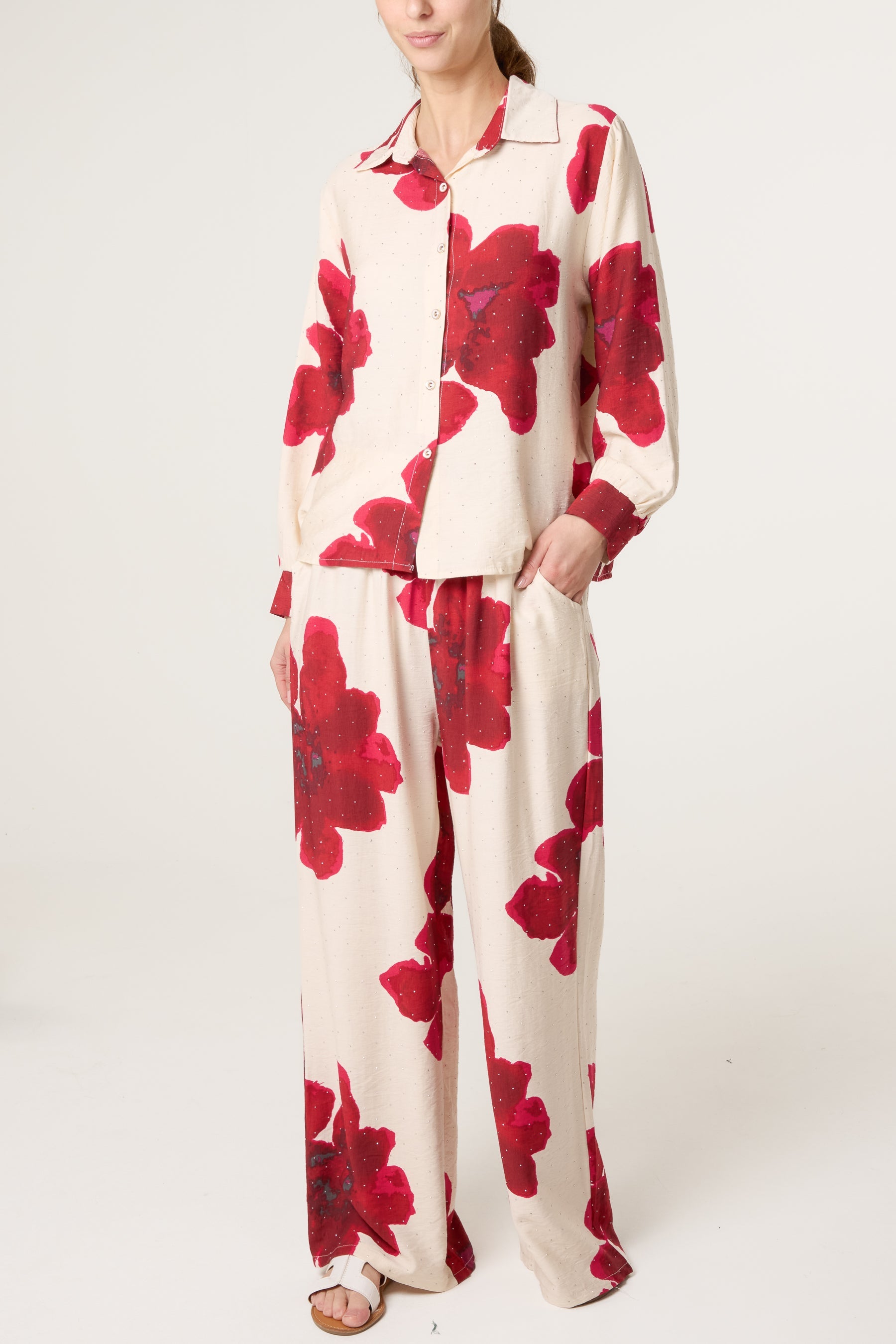 Floral Print Embellished Shirt & Trousers Set