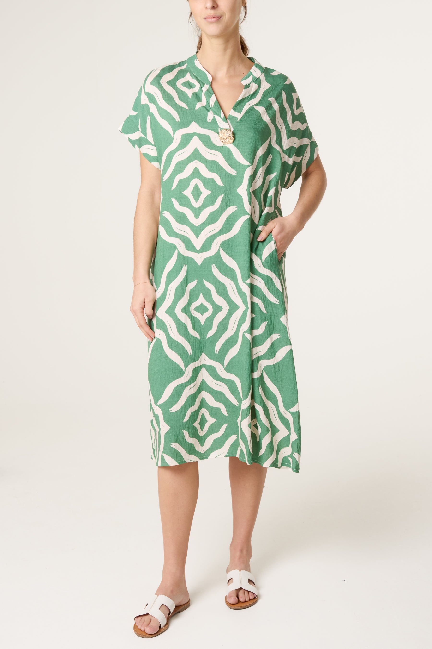 Abstract Gold Button Tunic Dress