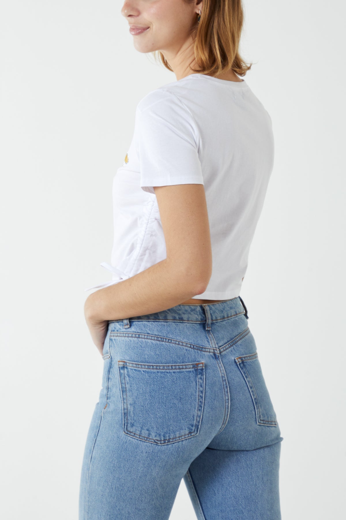 Side Tie Diamante Flower Crop Top