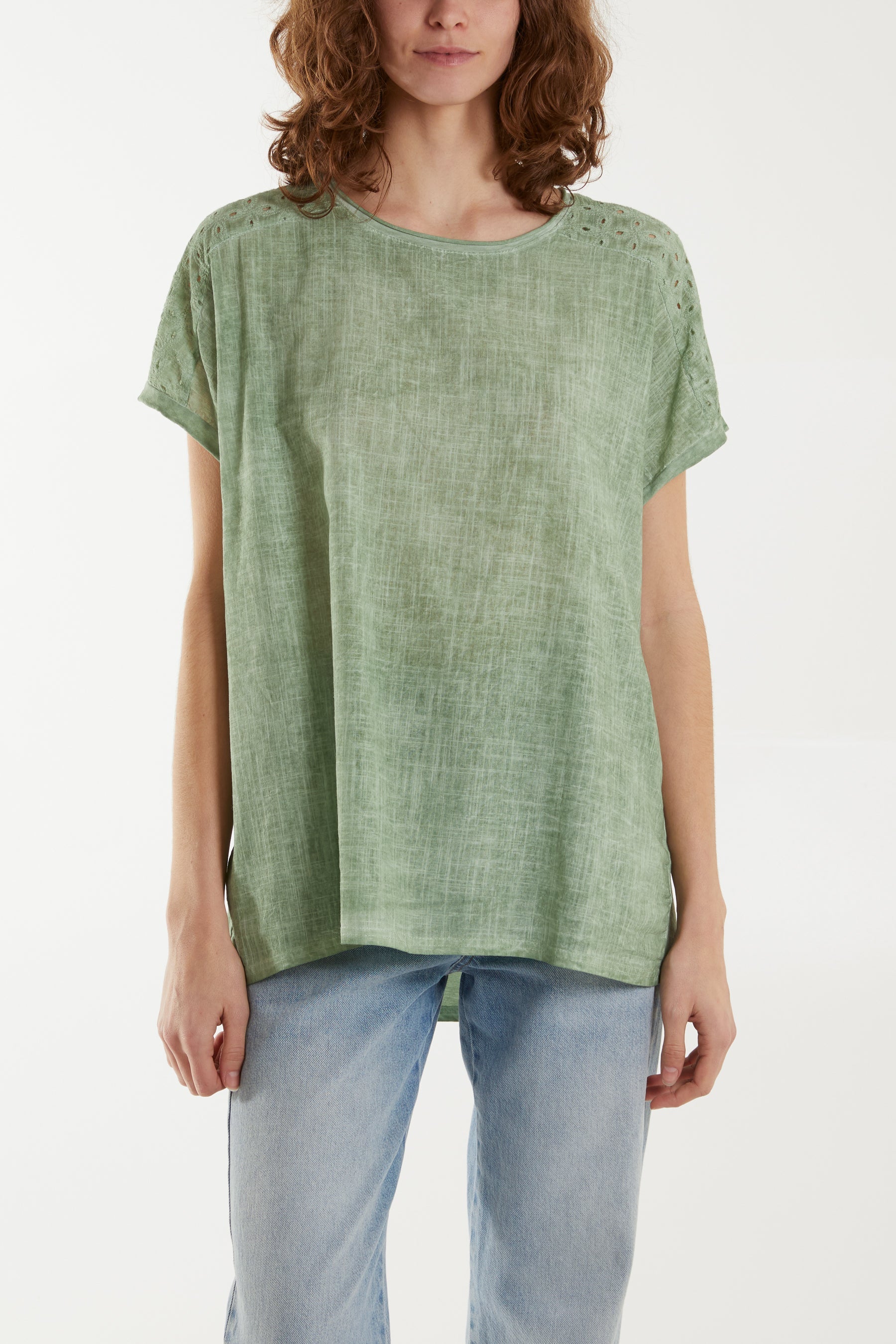 Stone Wash Broderie Anglaise Shoulder Top