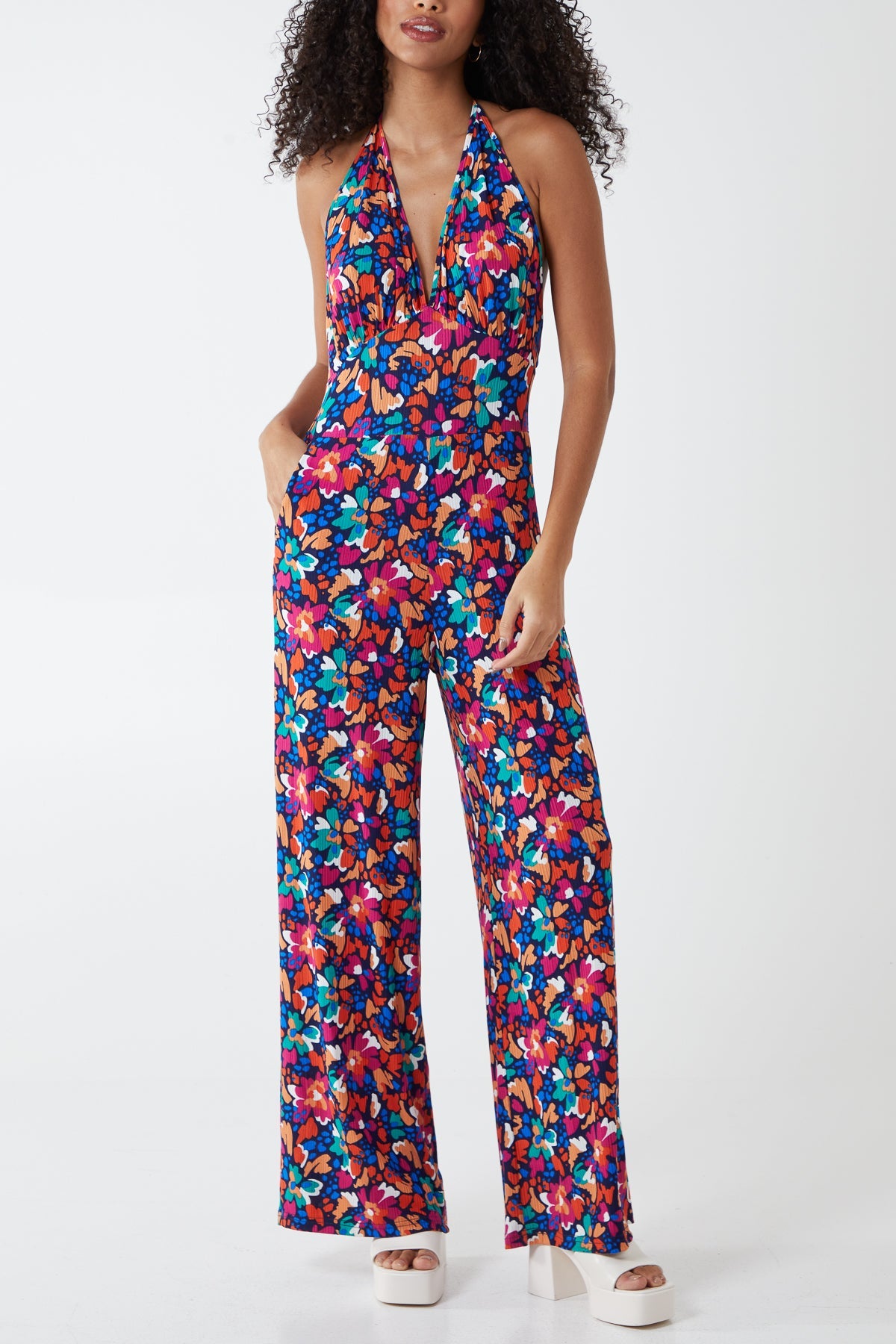 Halterneck Multi Floral Plisse Jumpsuit