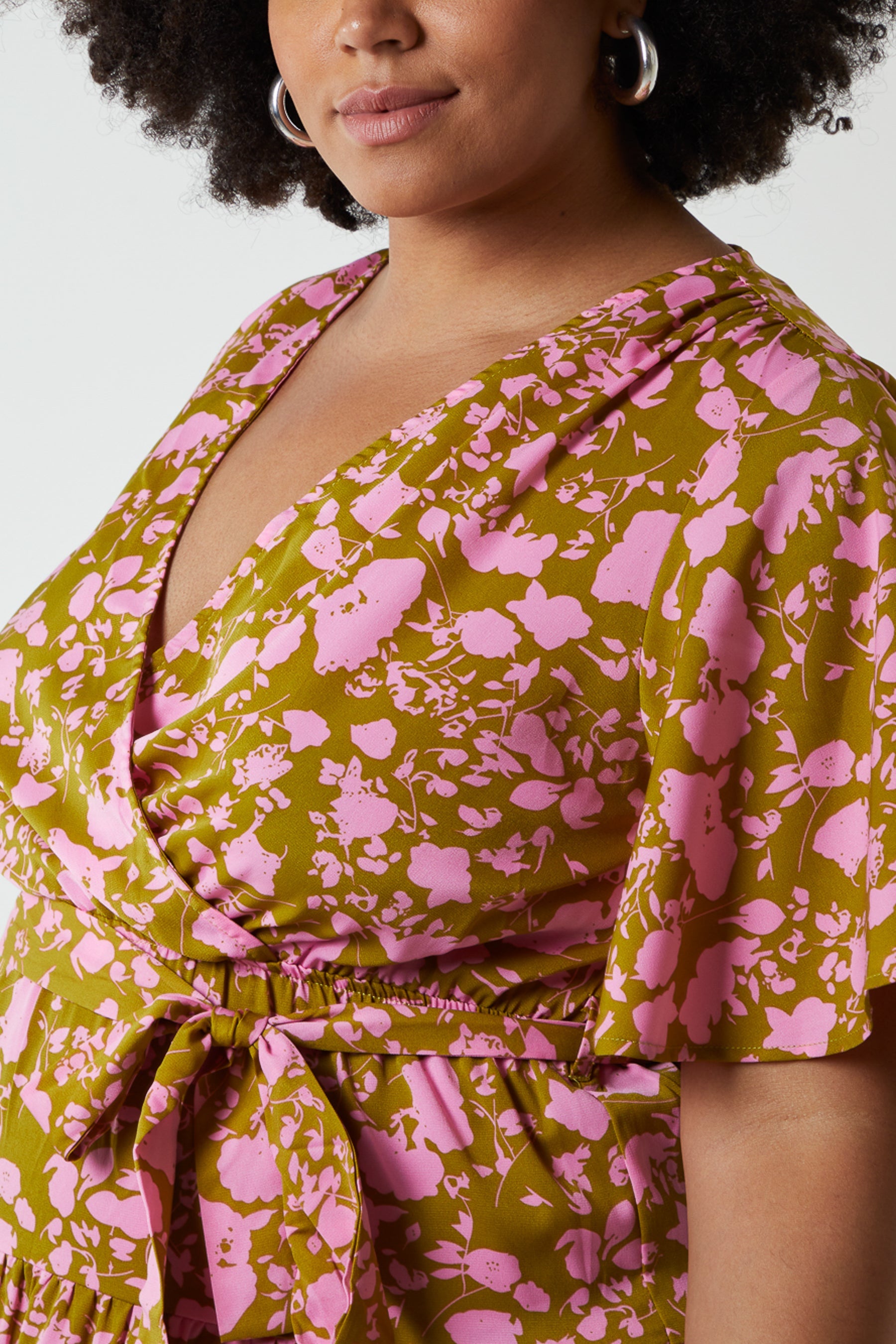 Curve Wrap Front Tier Hem Angel Sleeve Dress