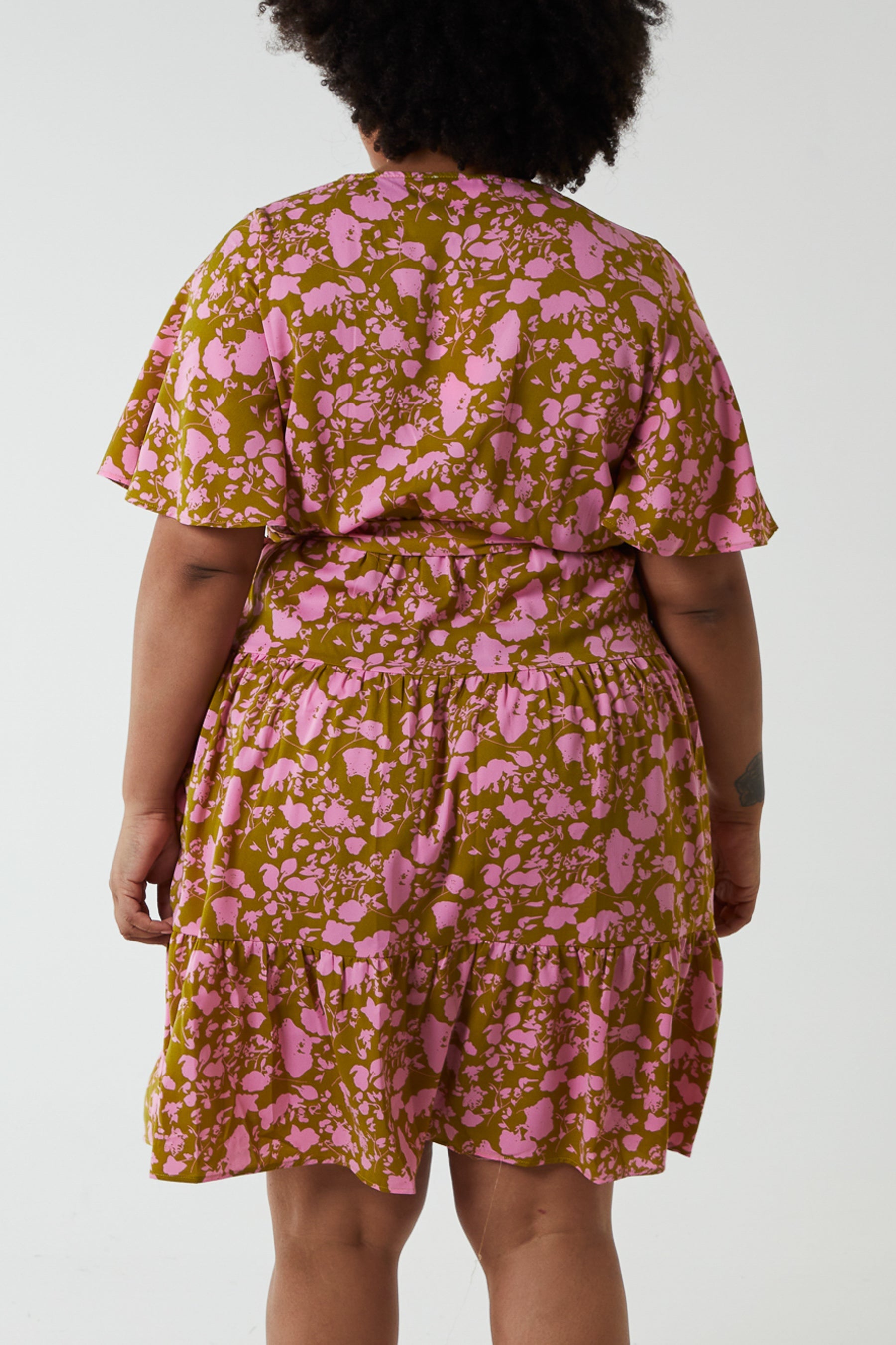 Curve Wrap Front Tier Hem Angel Sleeve Dress