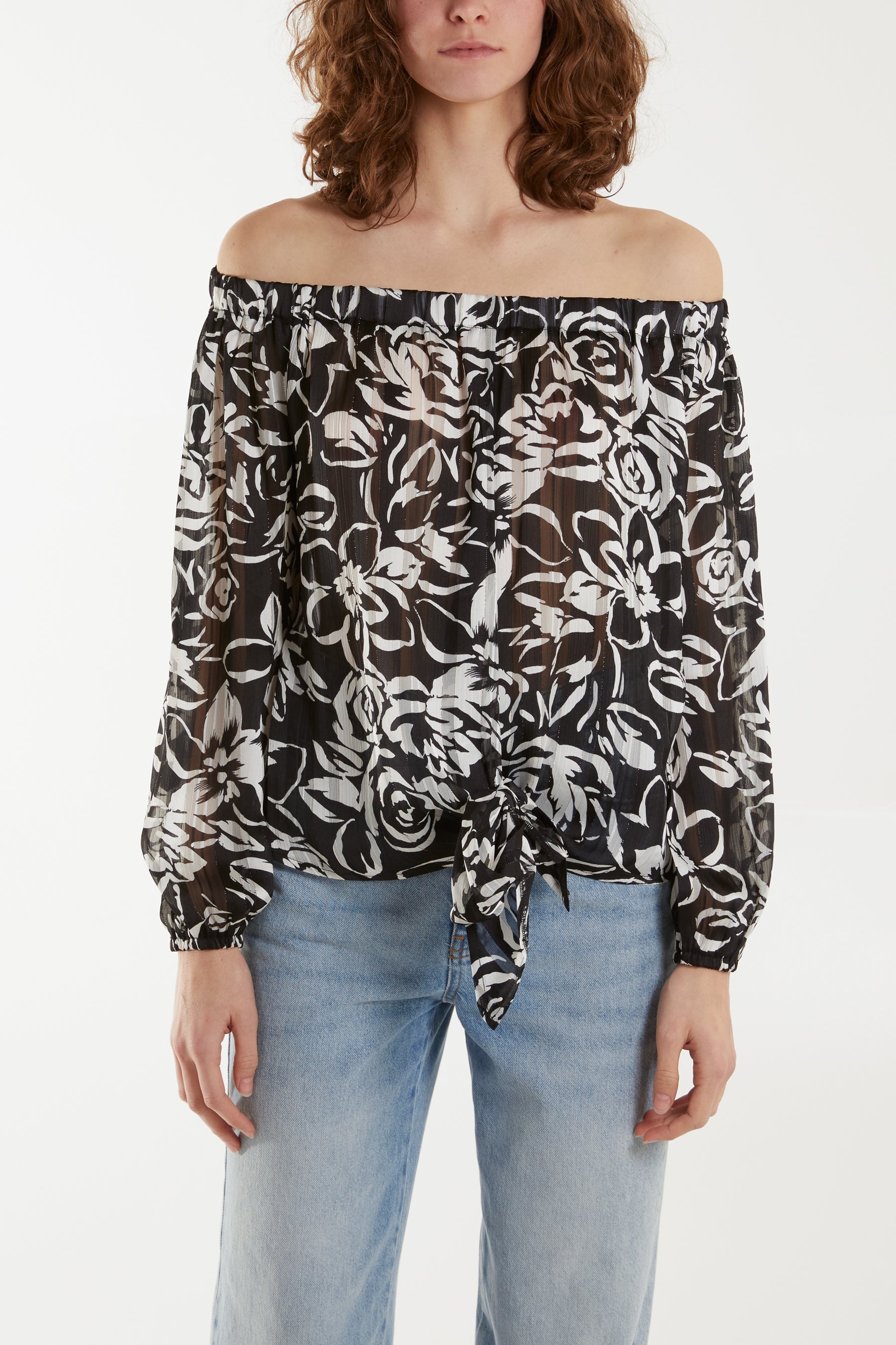 Floral Print Tie Front Bardot Top