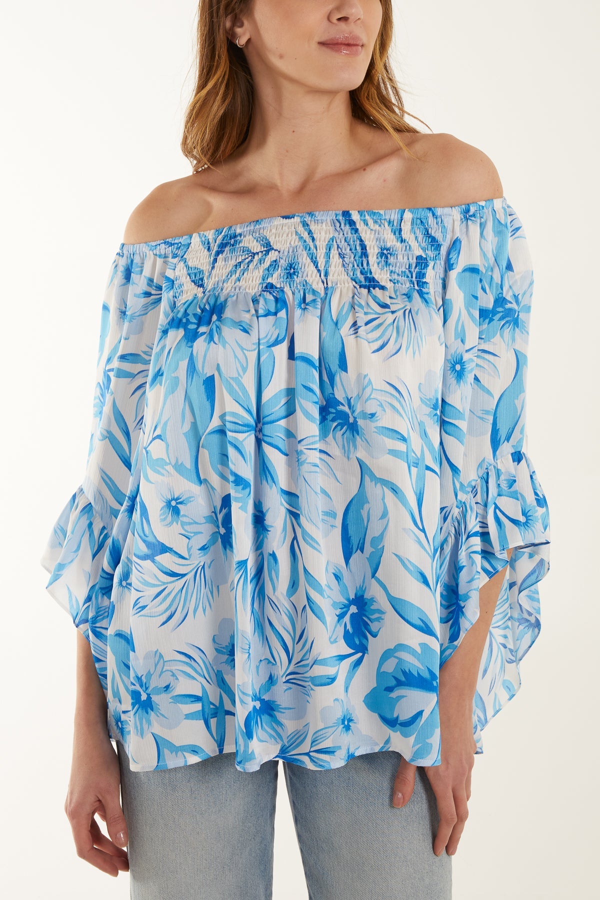 Shirred Bardot Printed Top