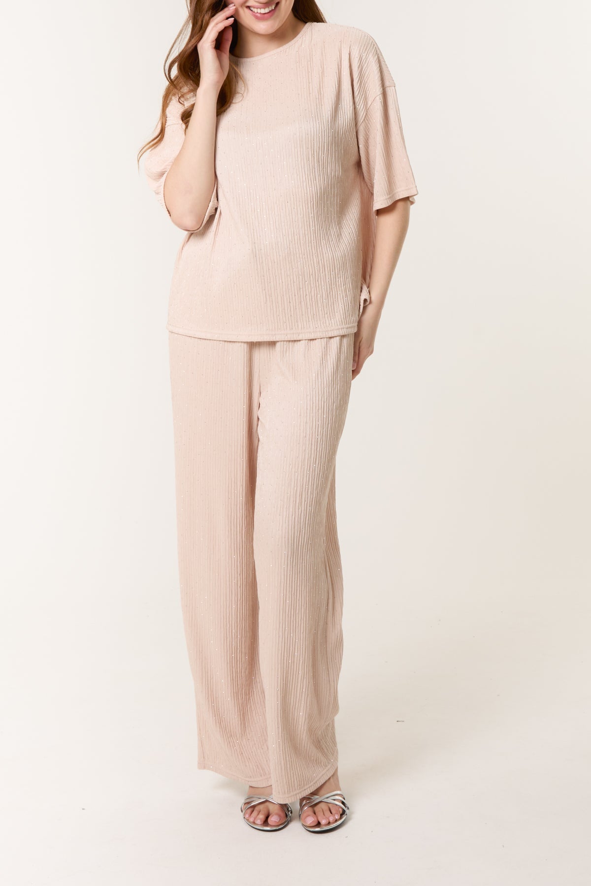 Diamante Textured T-Shirt & Wide Leg Trouser Set