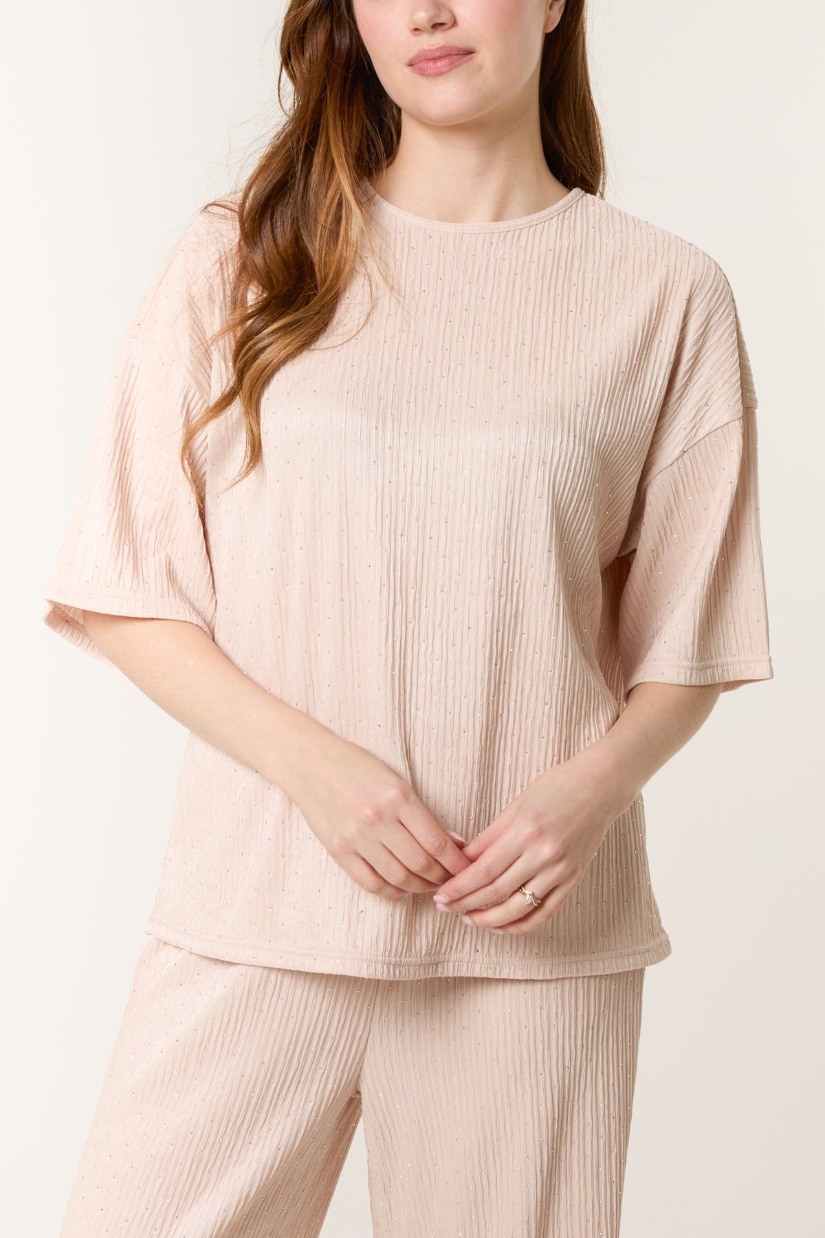 Diamante Textured T-Shirt & Wide Leg Trouser Set