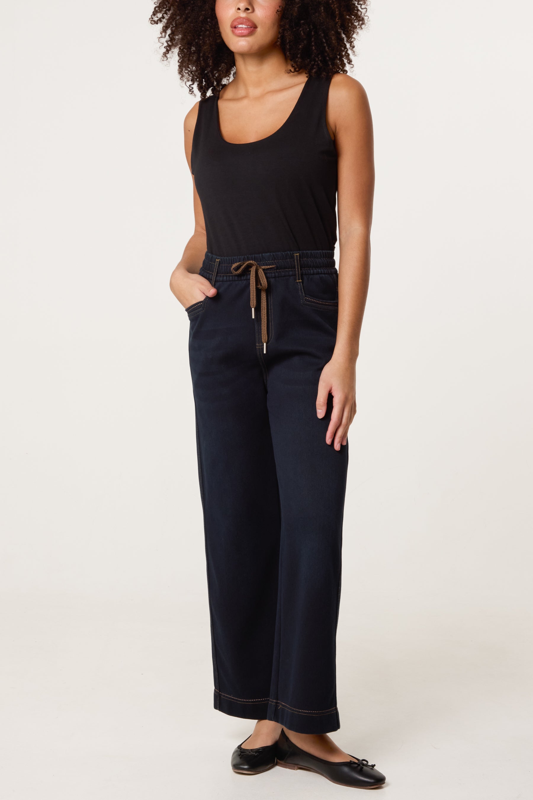 String Elastic Waist Wide Leg Jeans