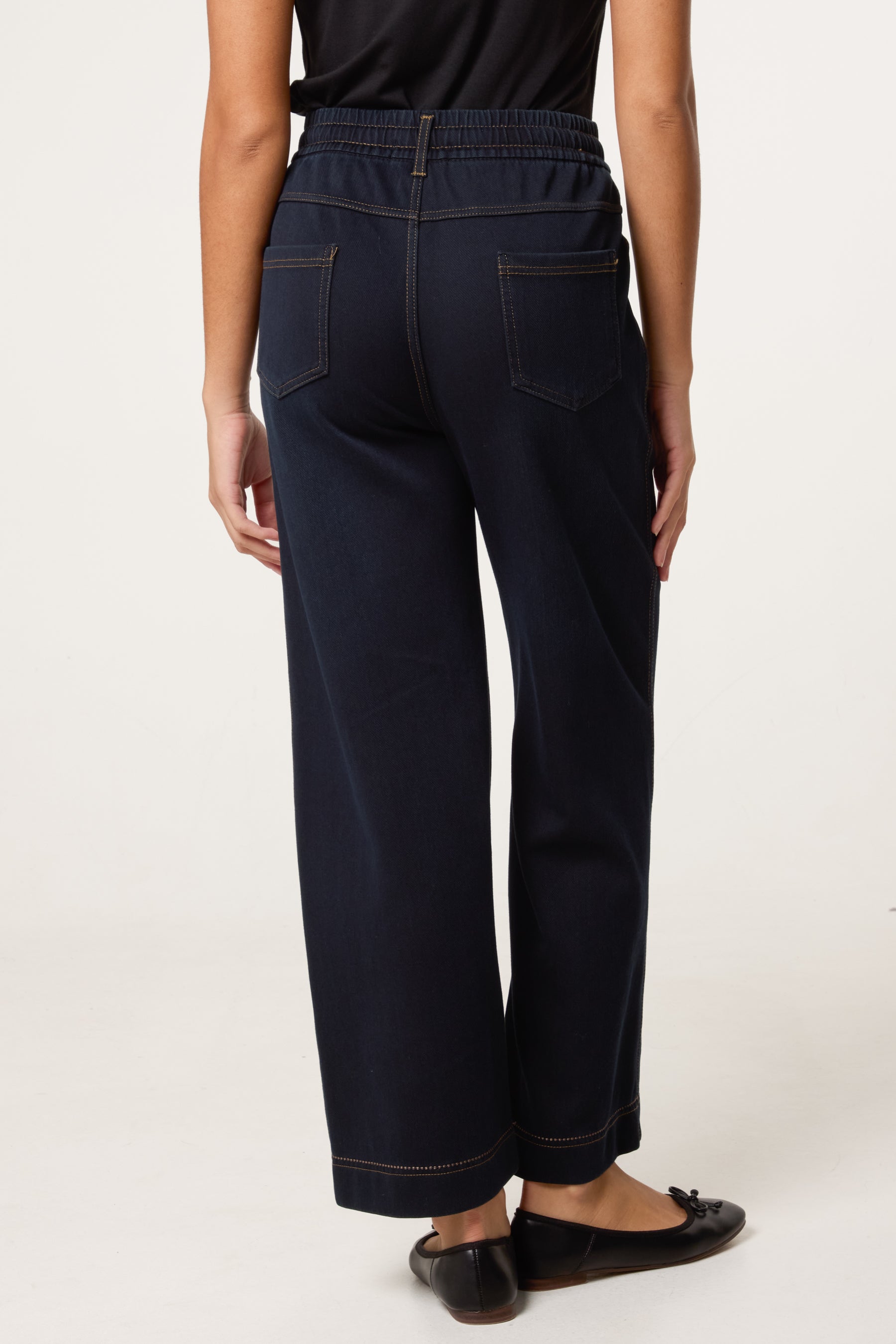 String Elastic Waist Wide Leg Jeans
