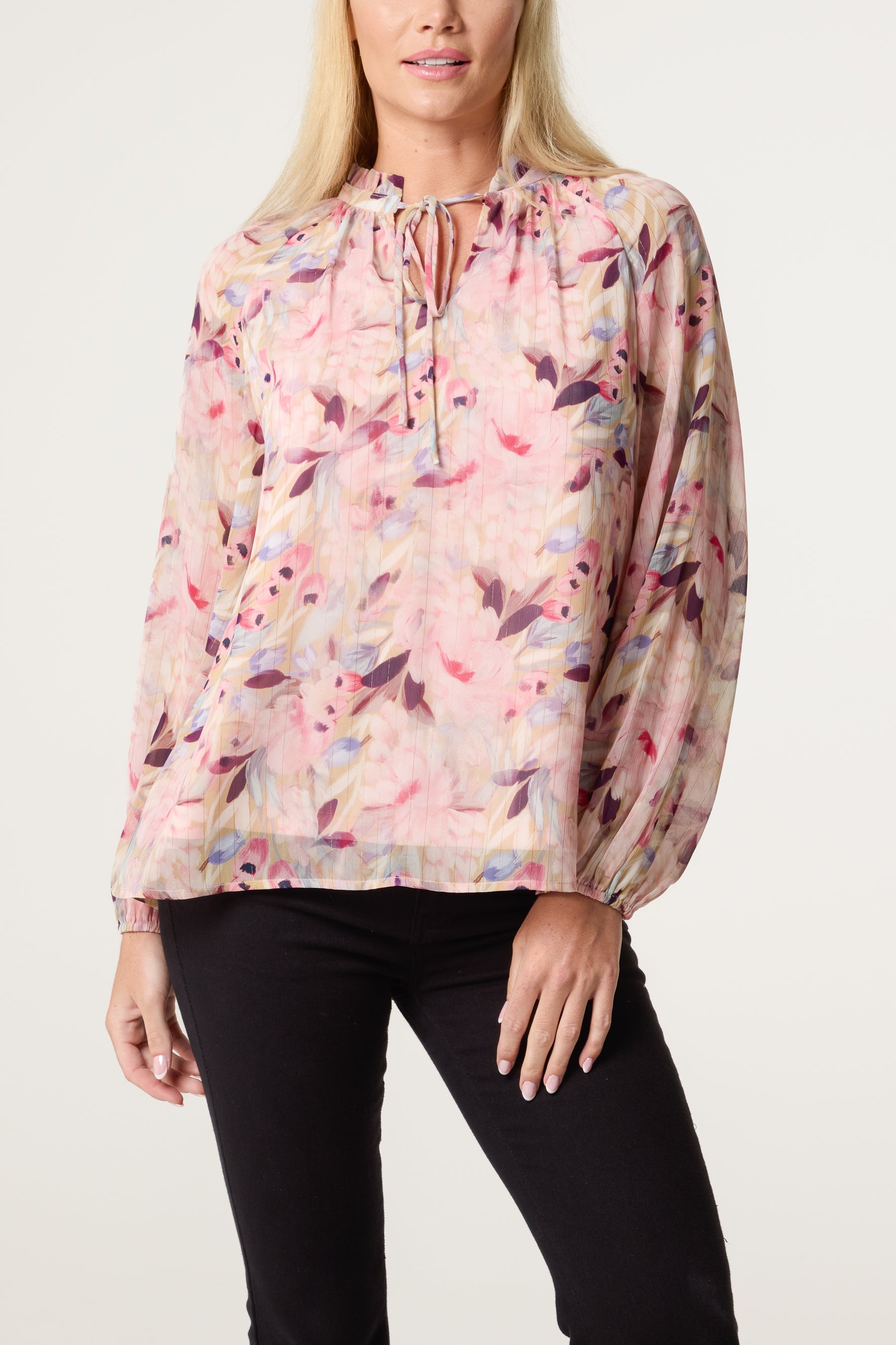 Petal Print Tie Front Blouse