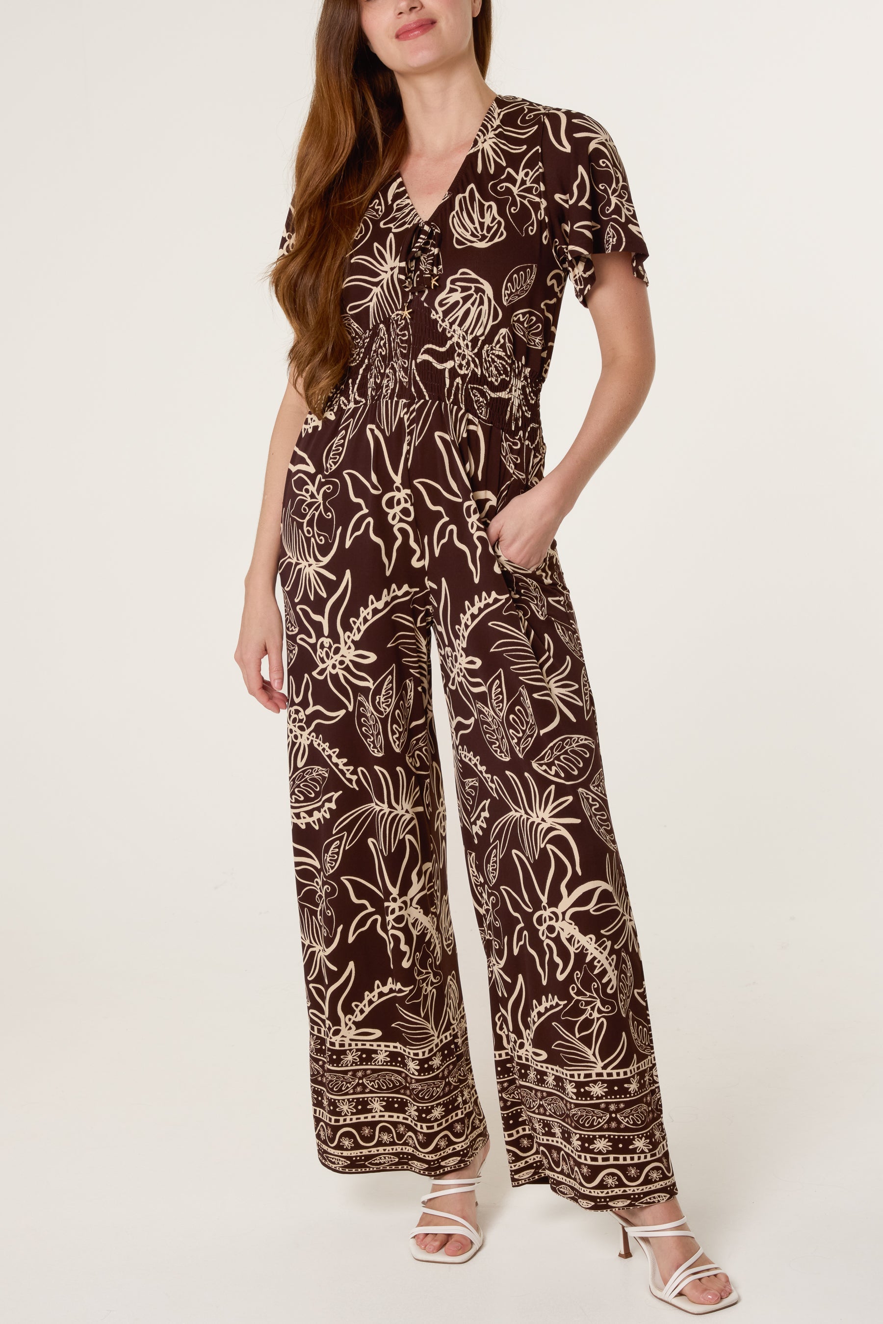V-Neck Doodle Leaf Jumpsuit