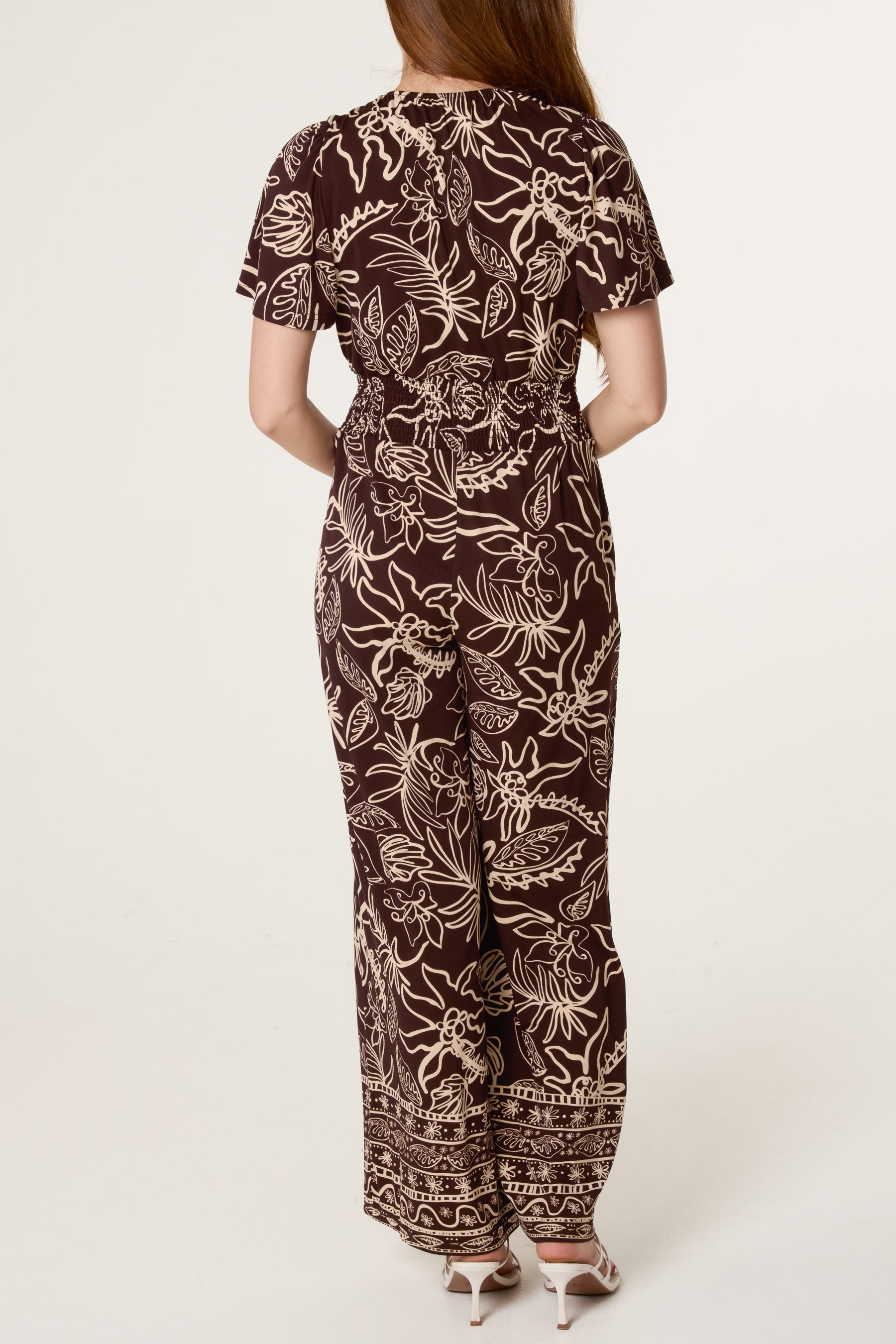 V-Neck Doodle Leaf Jumpsuit