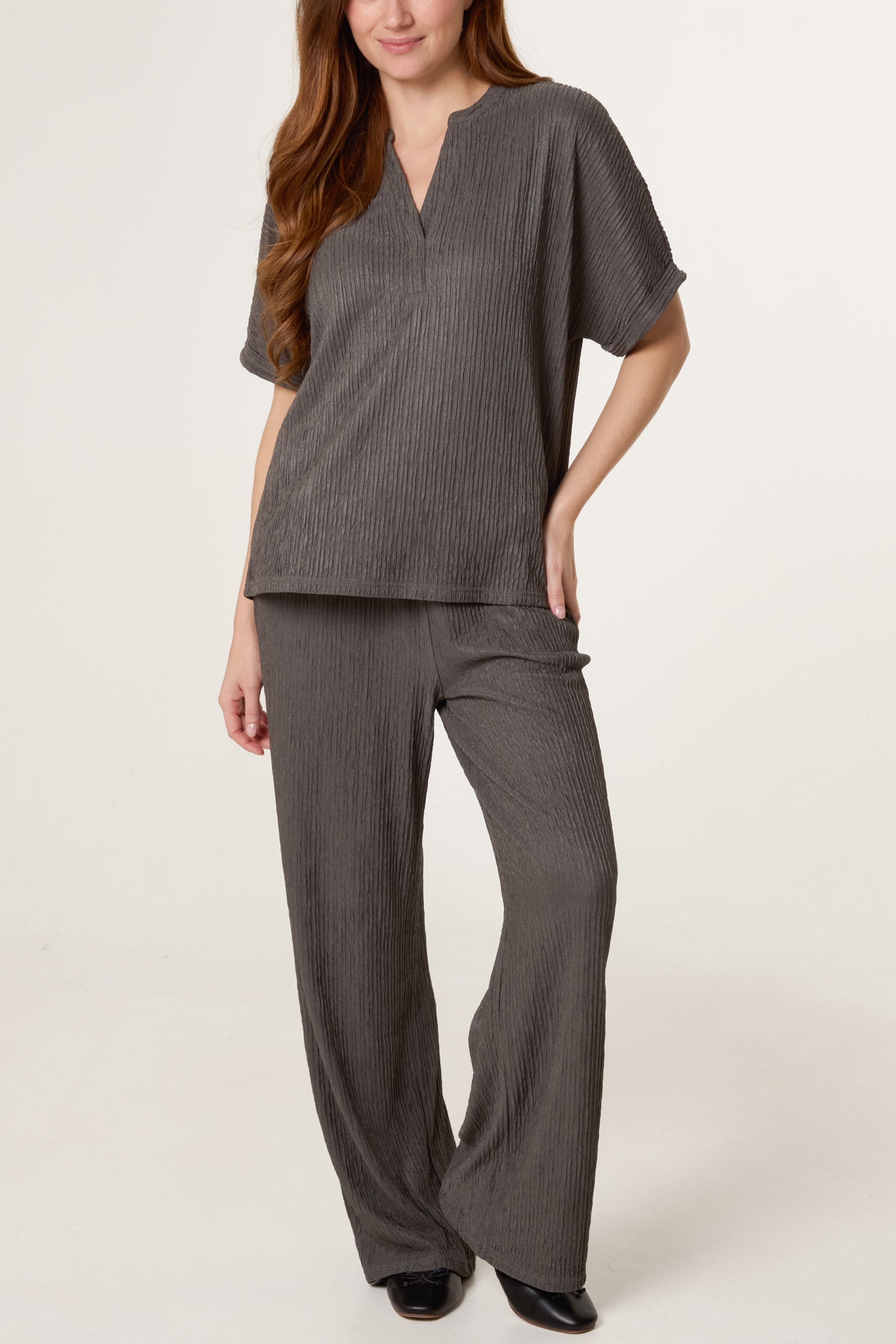 Crinkle Open Collar & Trousers Set