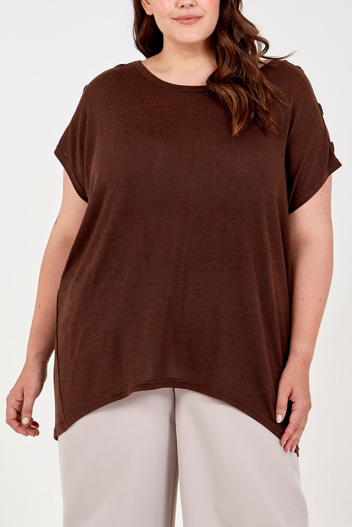Curve Short Sleeve Button Shoulder Top