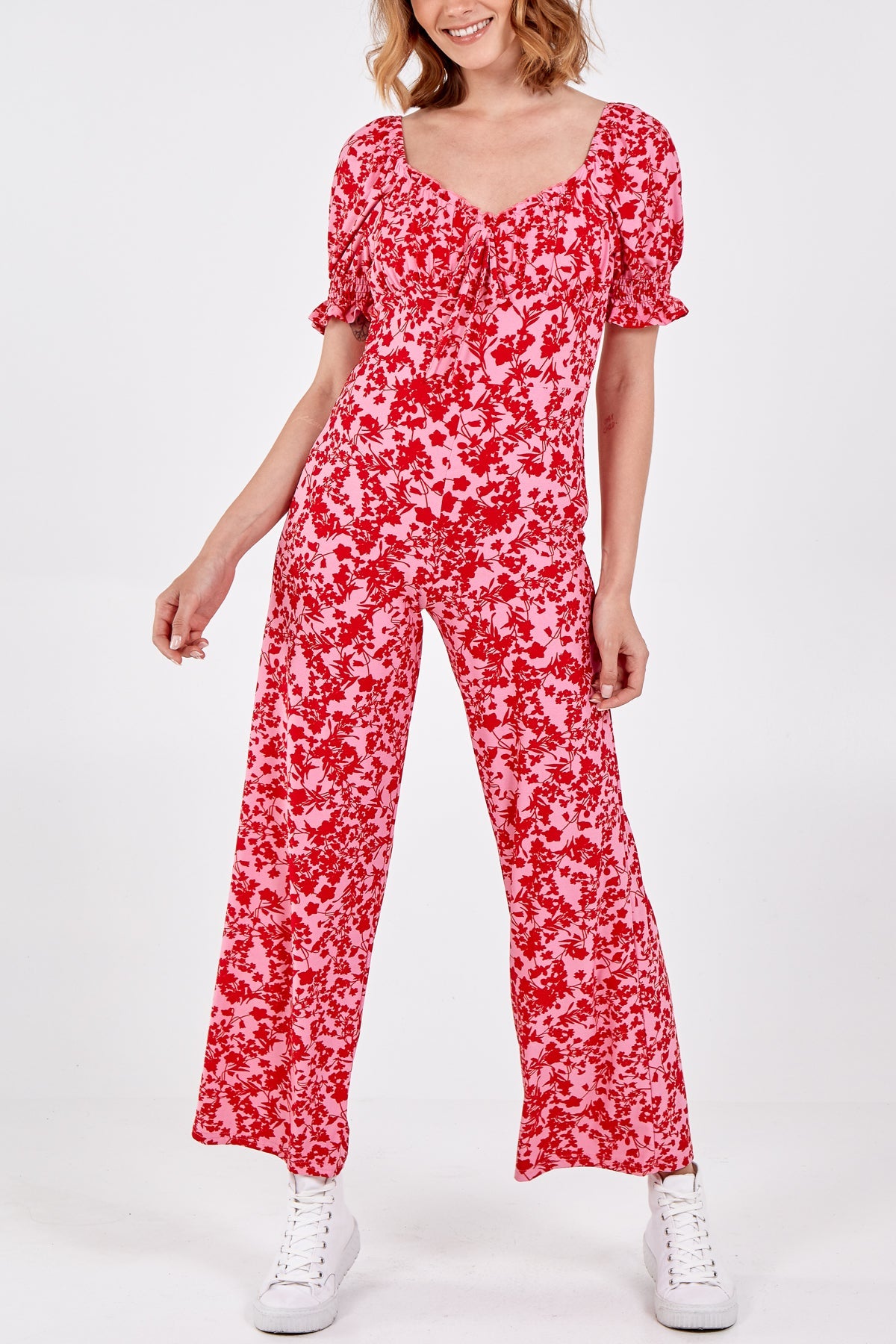 Corset Front Wide Leg Floral Jumpsuit