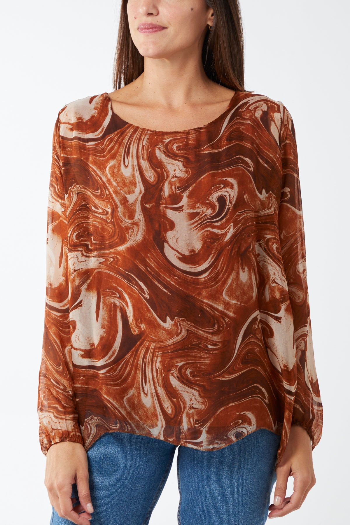 Scoop Neck Abstract Swirl Print Silk Blouse