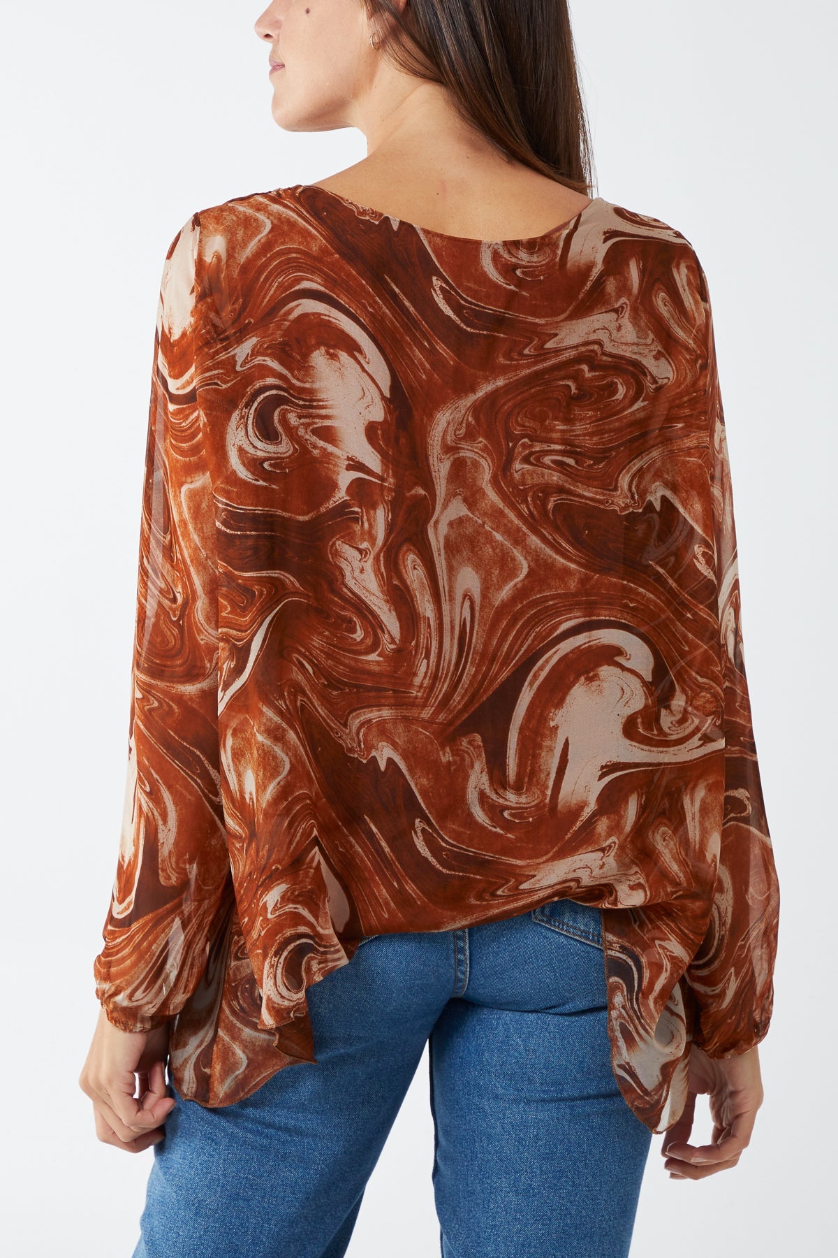 Scoop Neck Abstract Swirl Print Silk Blouse