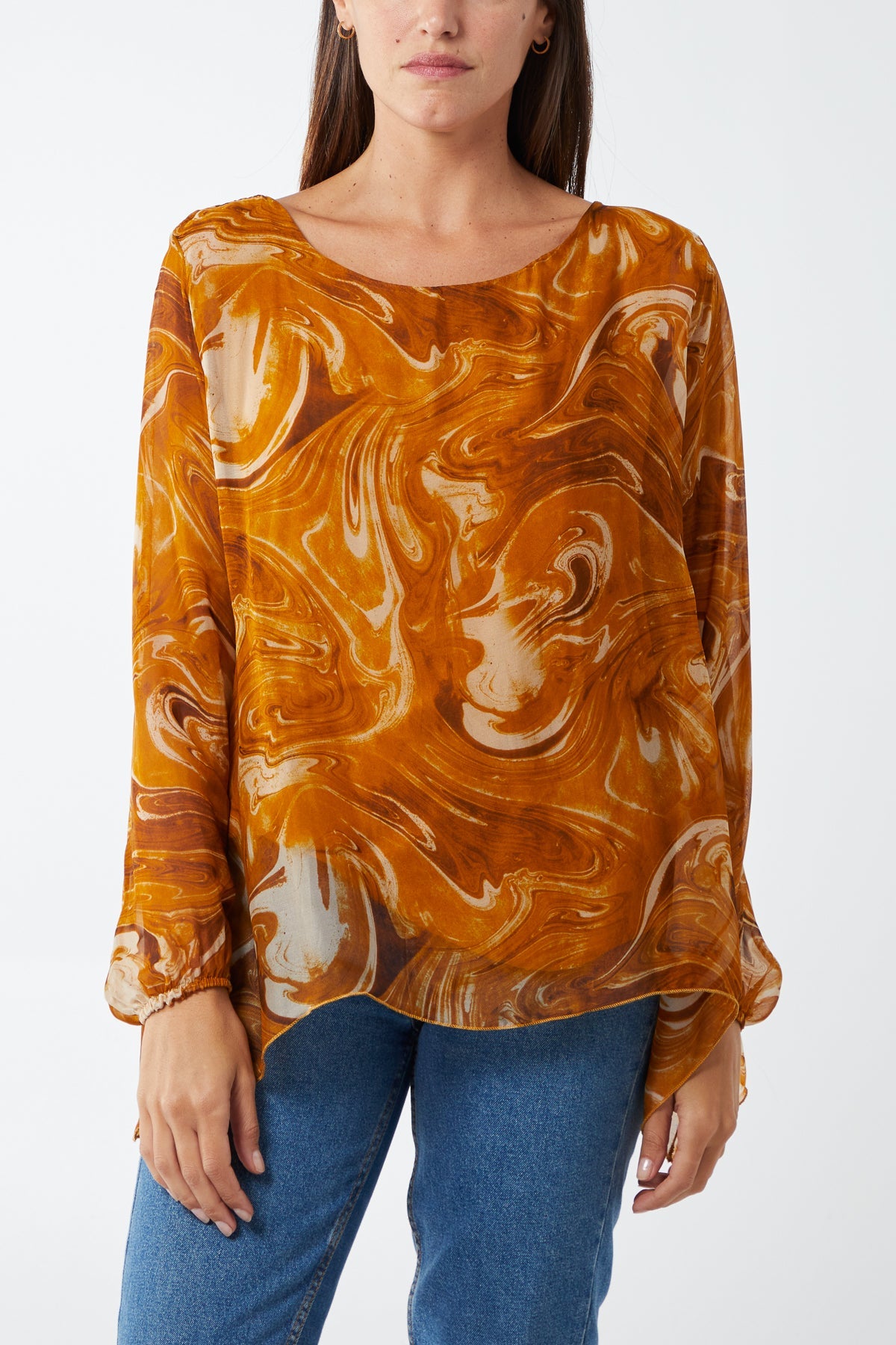 Scoop Neck Abstract Swirl Print Silk Blouse