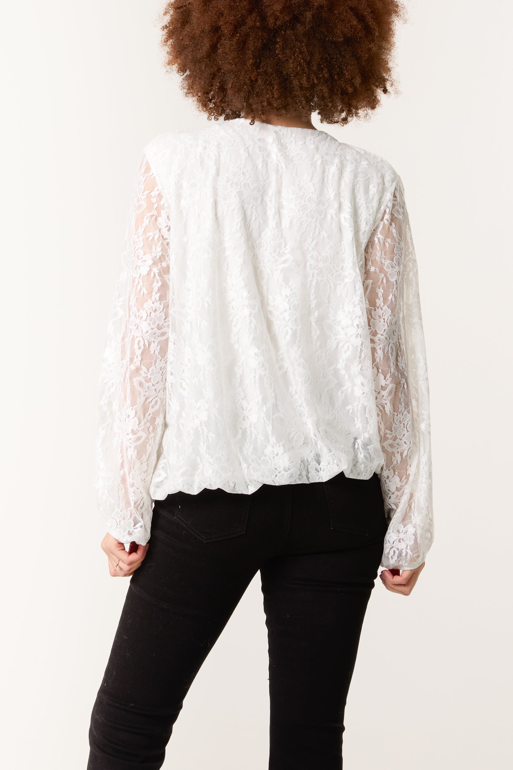 Round Neck Puffball Sleeve Lace Top