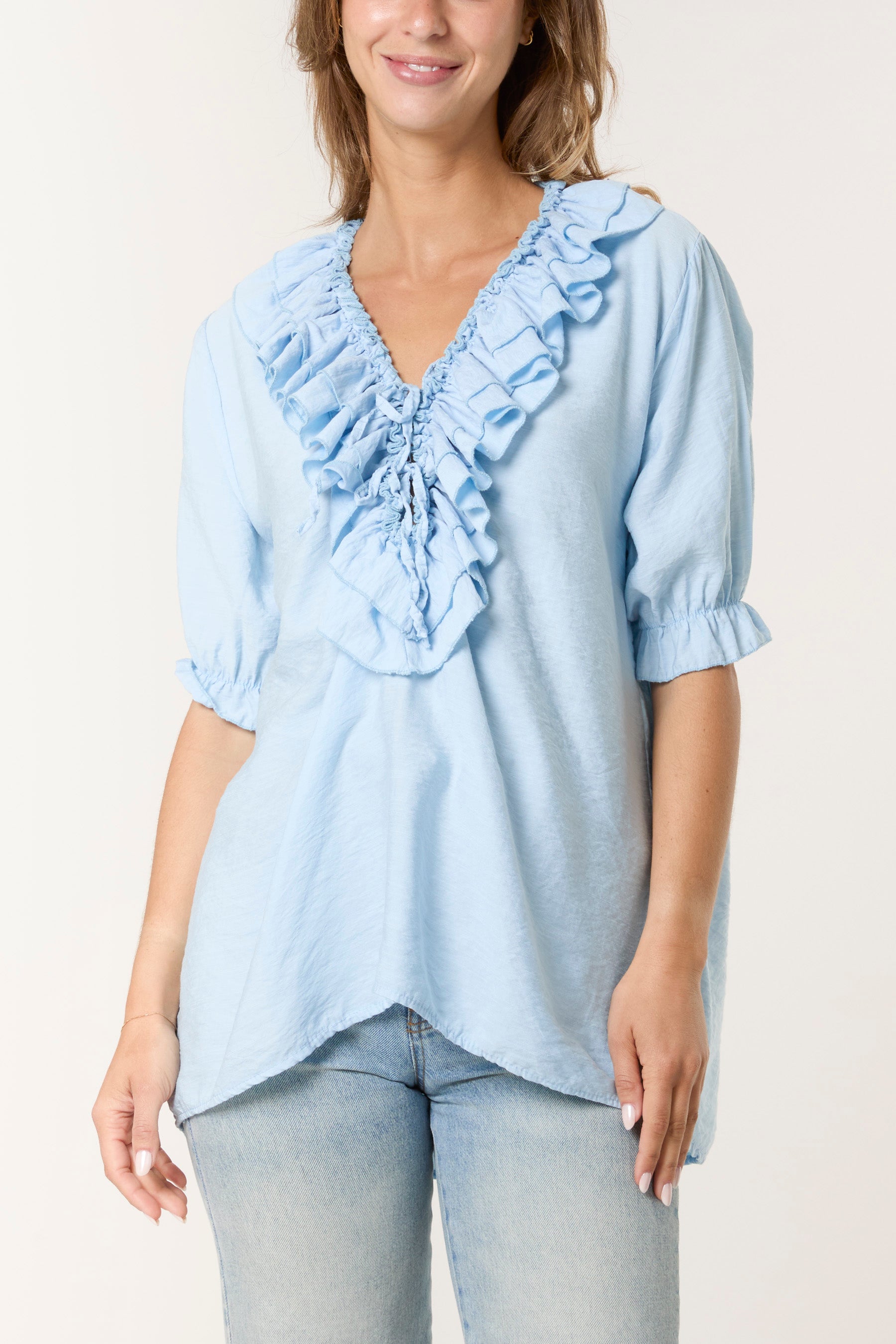 Ruffle Neck Short Sleeve Blouse