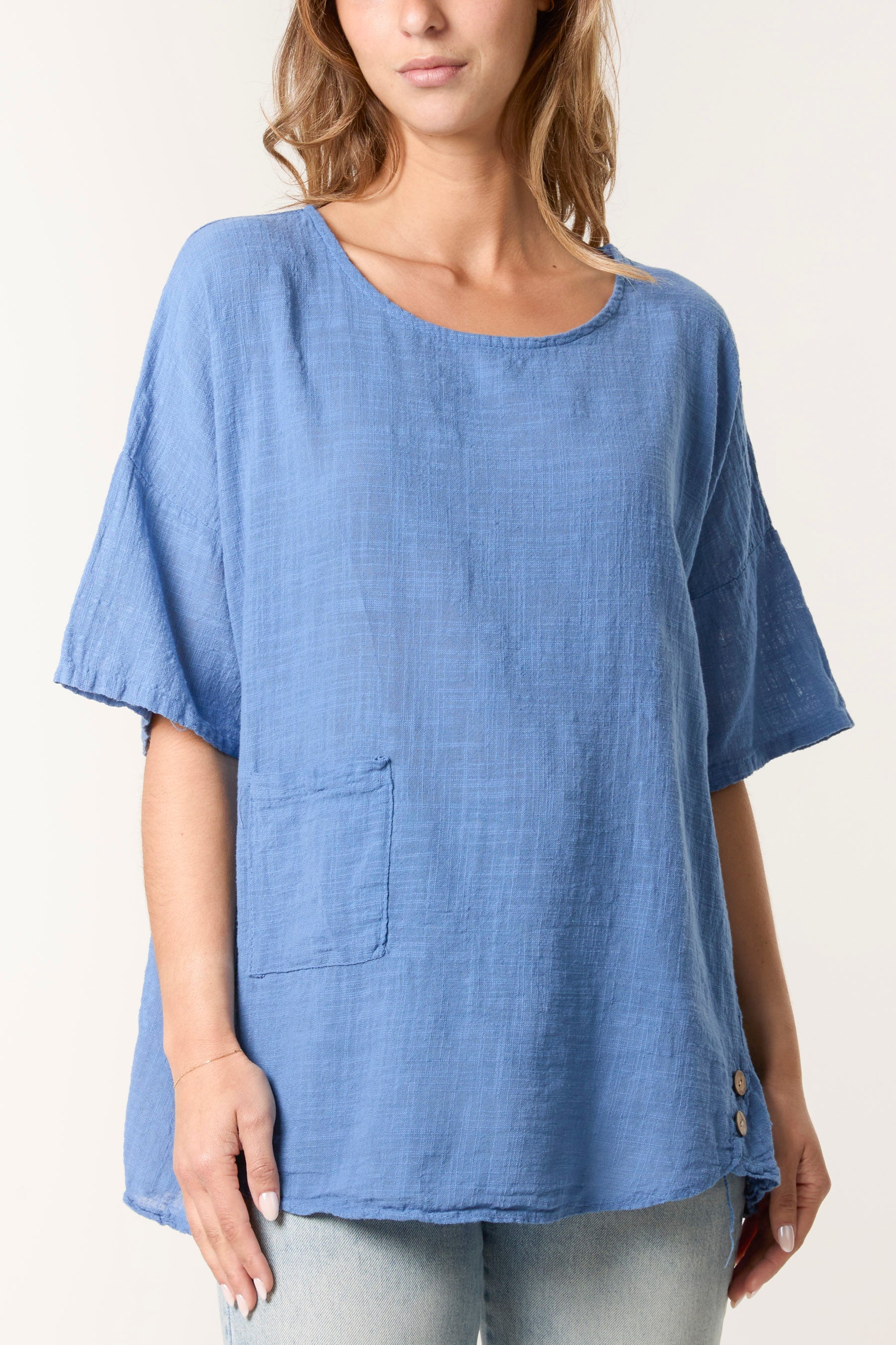 Round Neck Button Detail Cotton Top