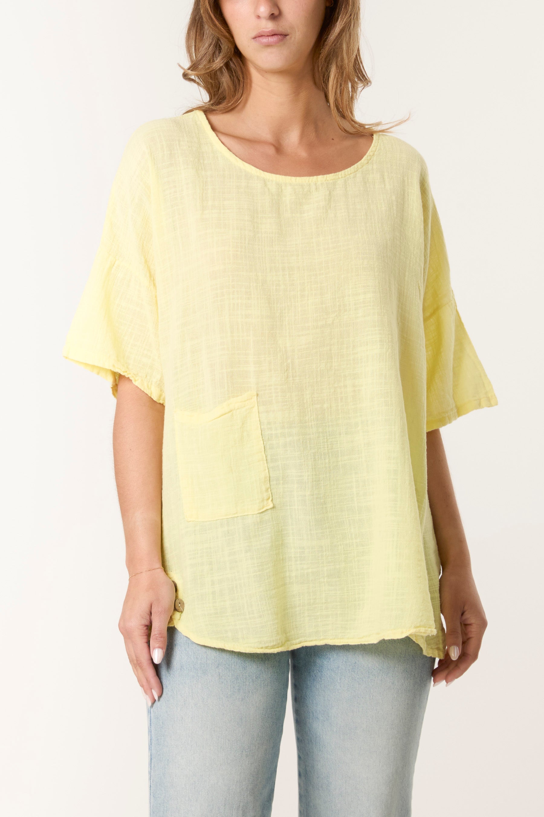 Round Neck Button Detail Cotton Top