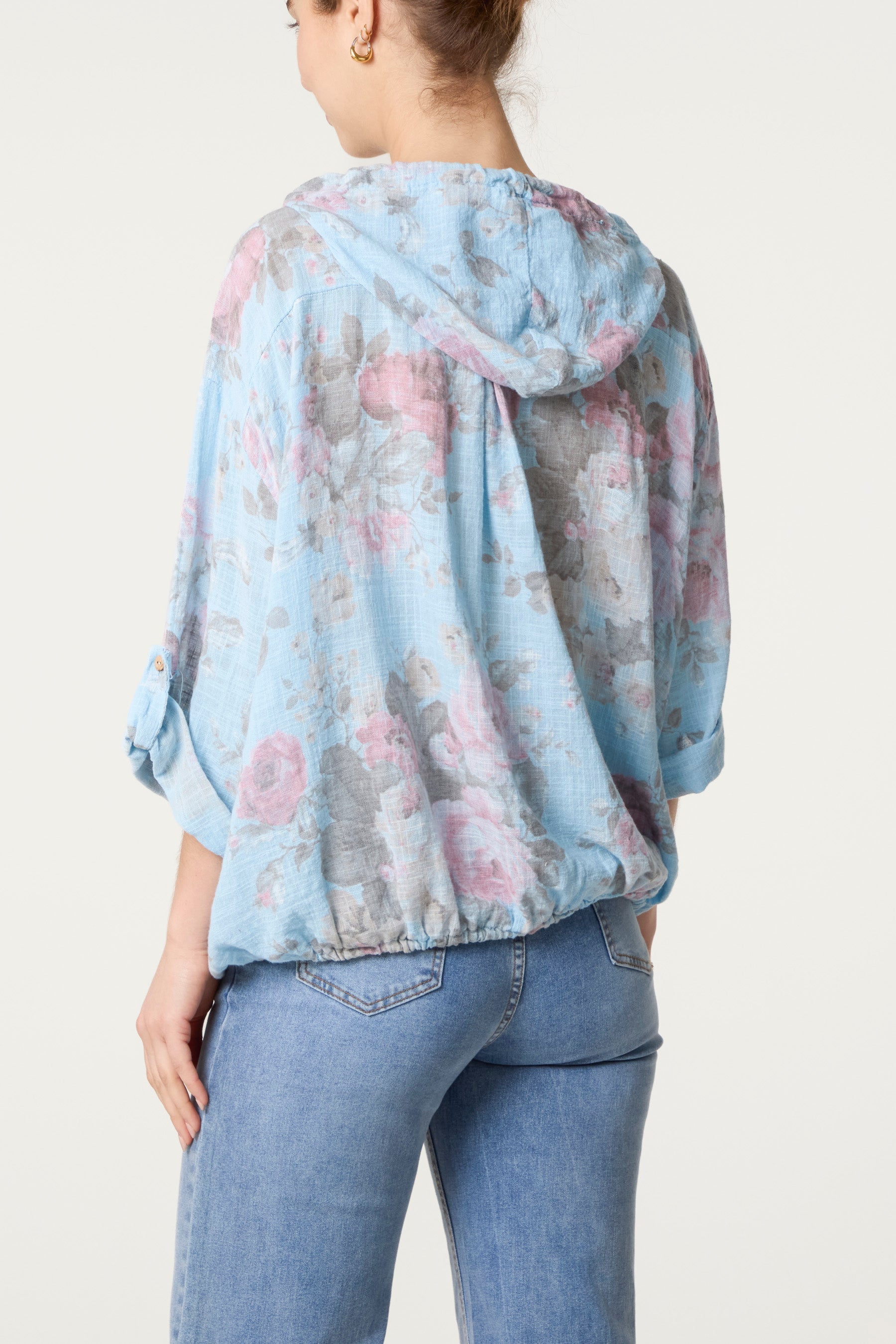 Roses Print Cotton Hooded Top