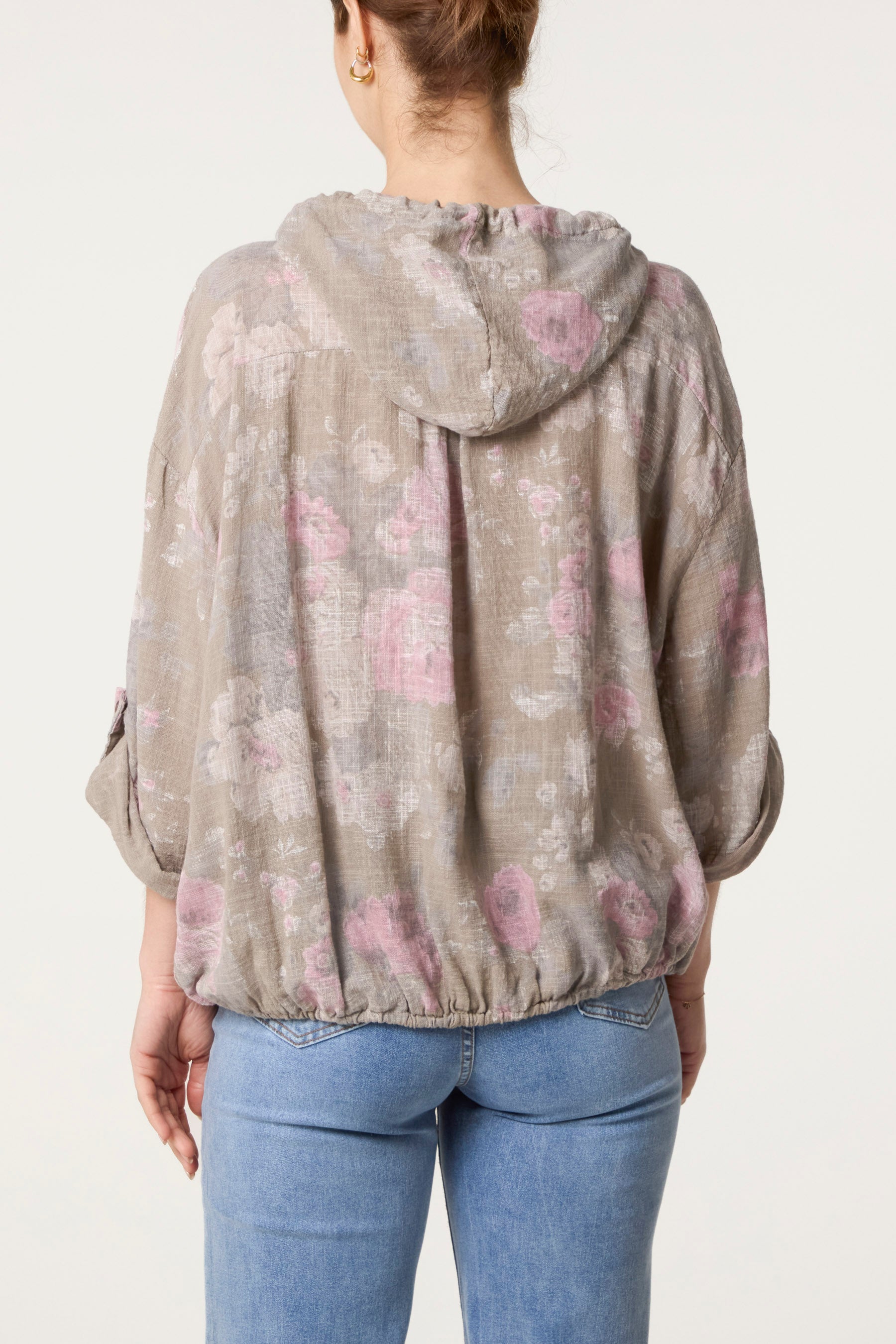 Roses Print Cotton Hooded Top
