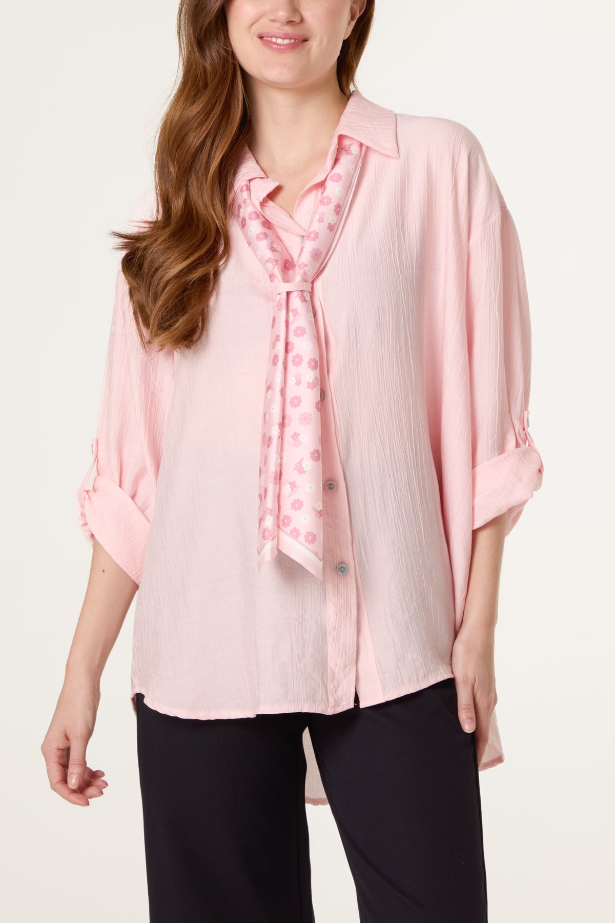 Scarf Crinkle Button Through Shirt
