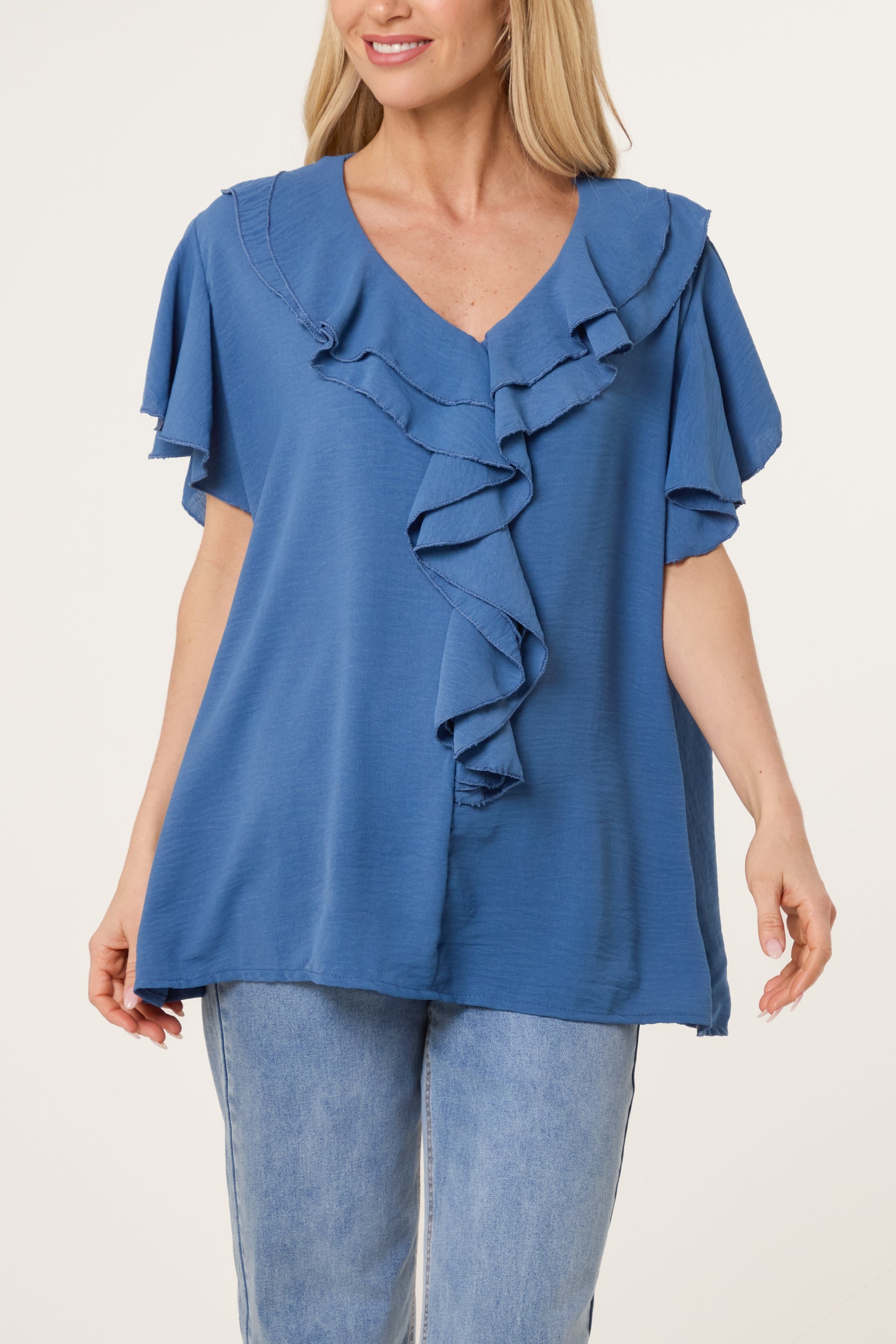 Ruffle Neck Frill Sleeve Blouse