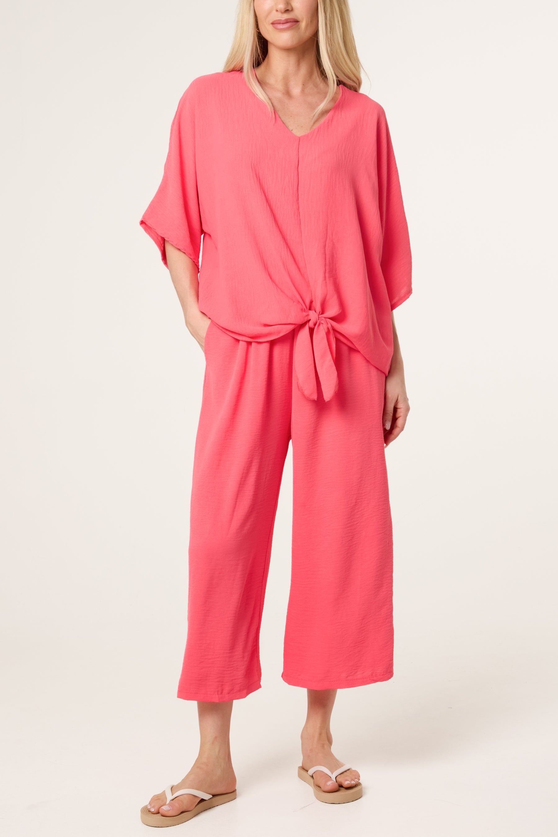 V-Neck Front Knot Top & Trousers Set