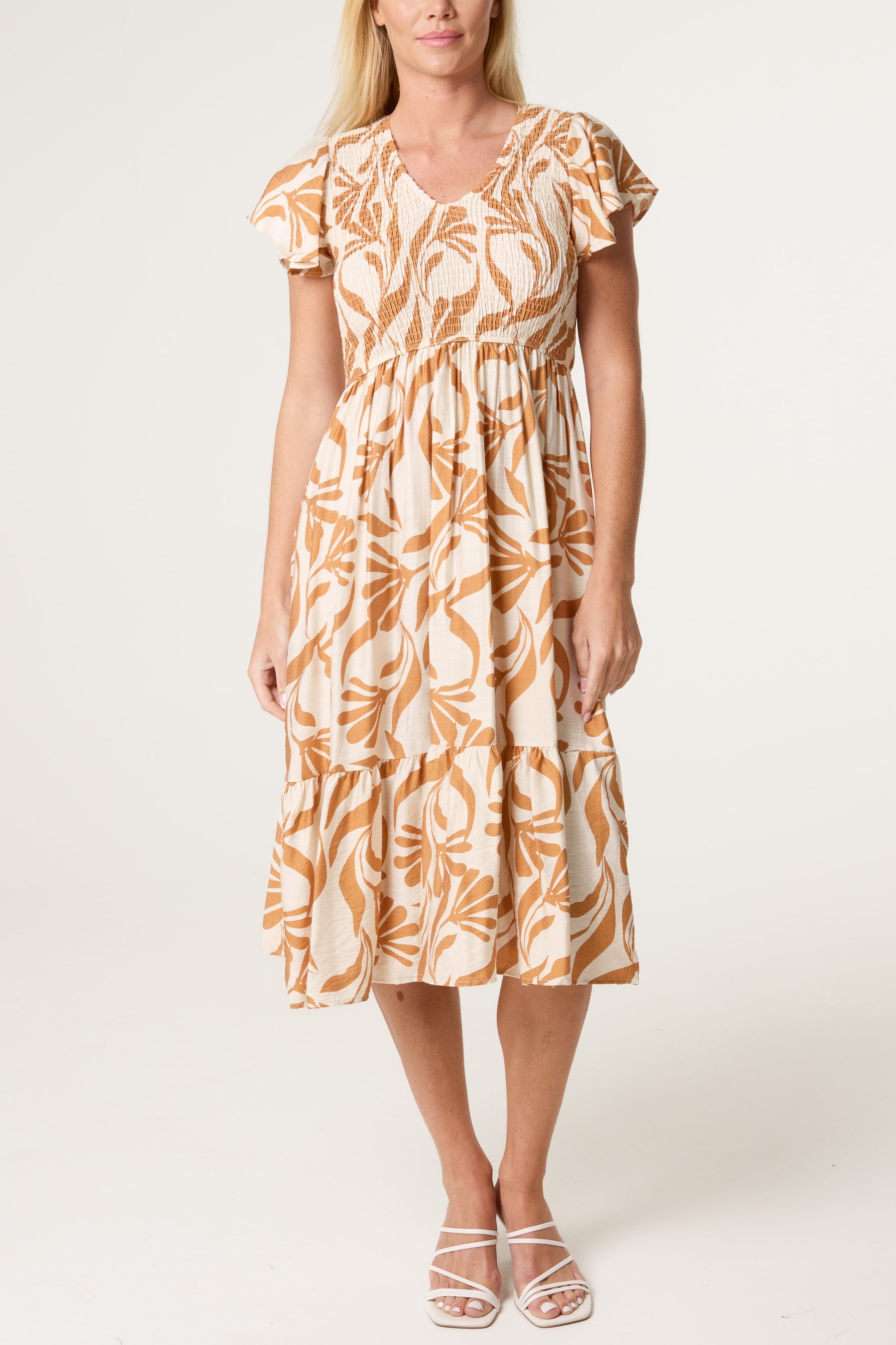 Abstract Leaf V Shirred Dress