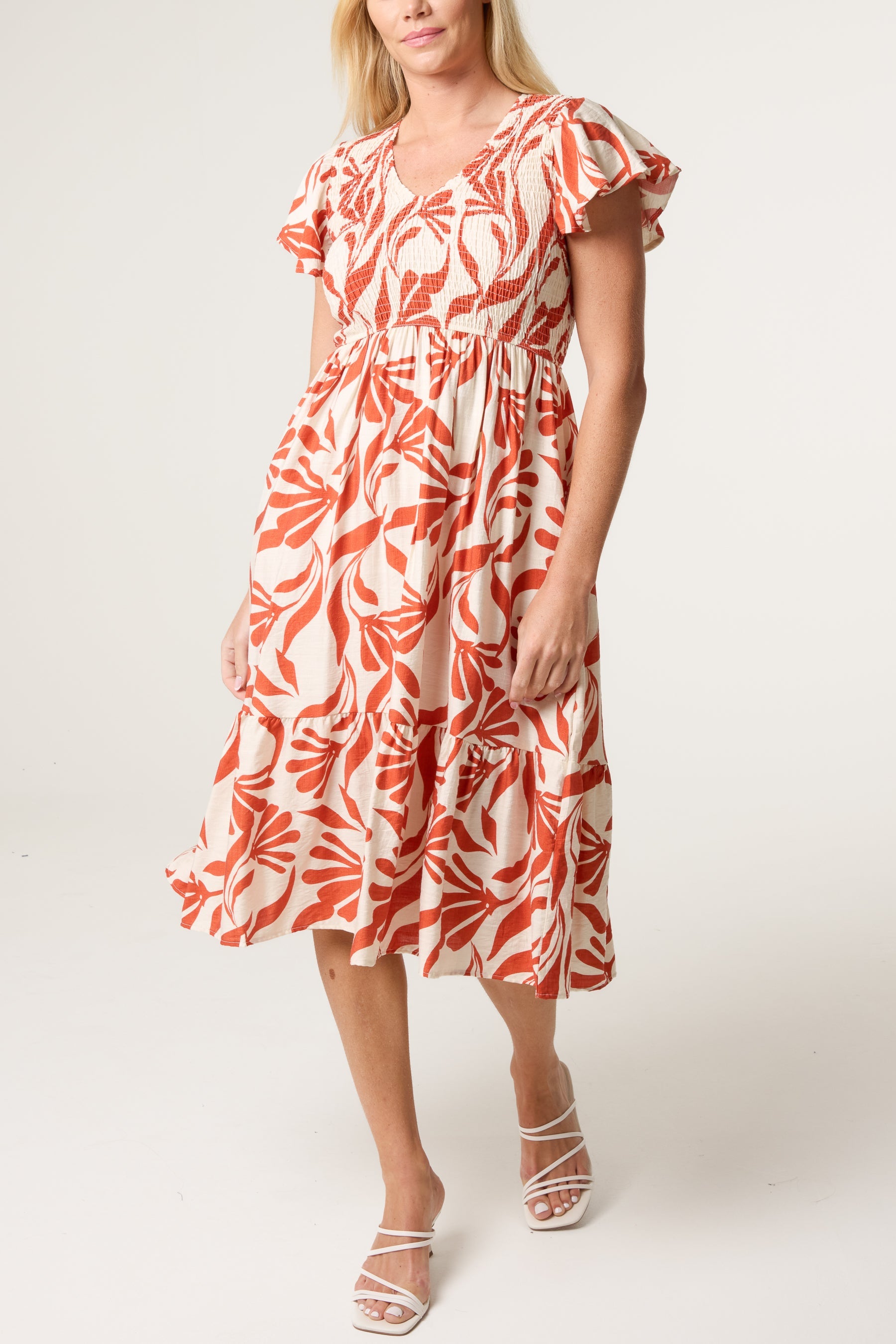 Abstract Leaf V Shirred Dress
