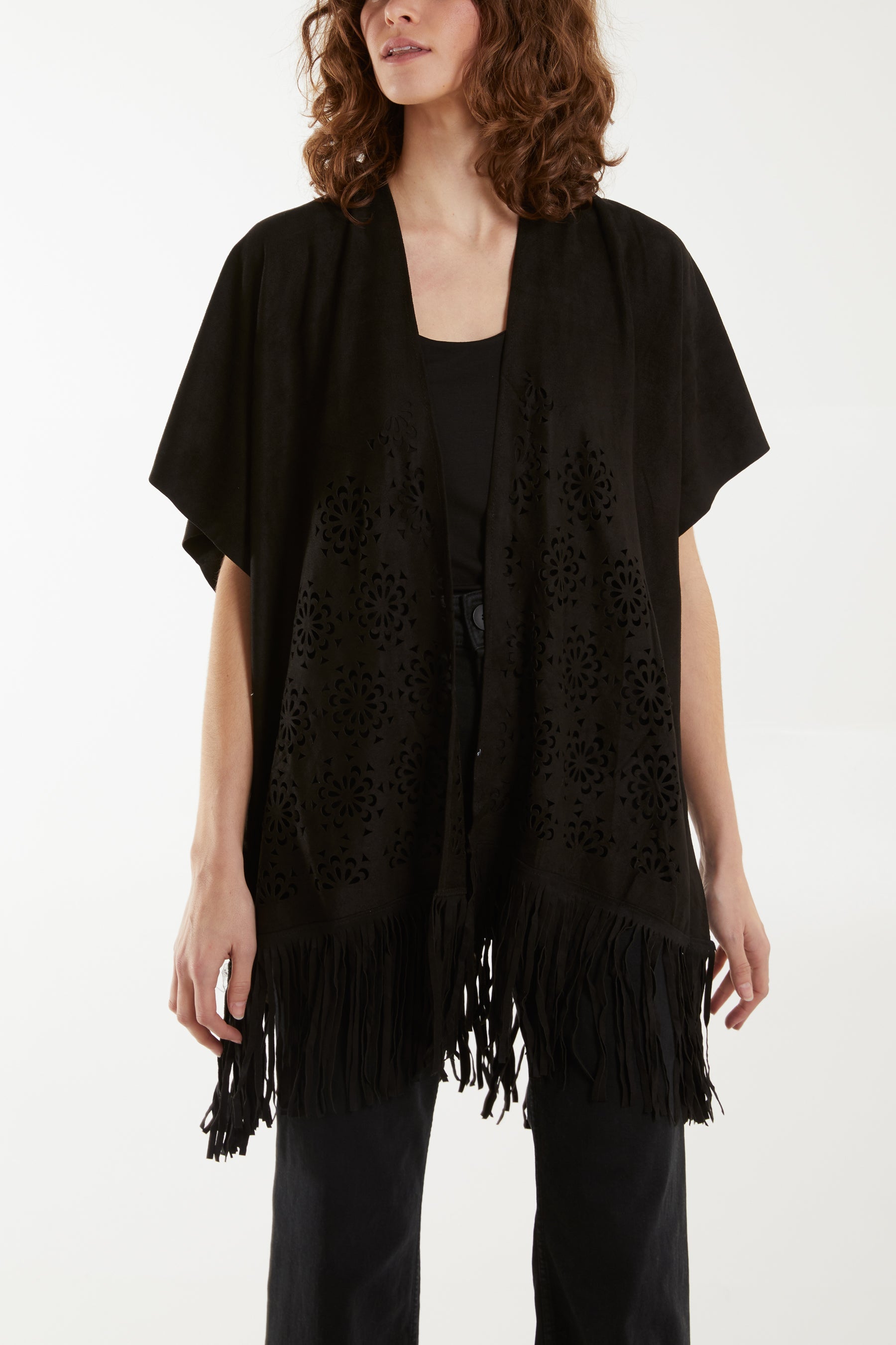 Suede Fringe Cut Out Cardigan