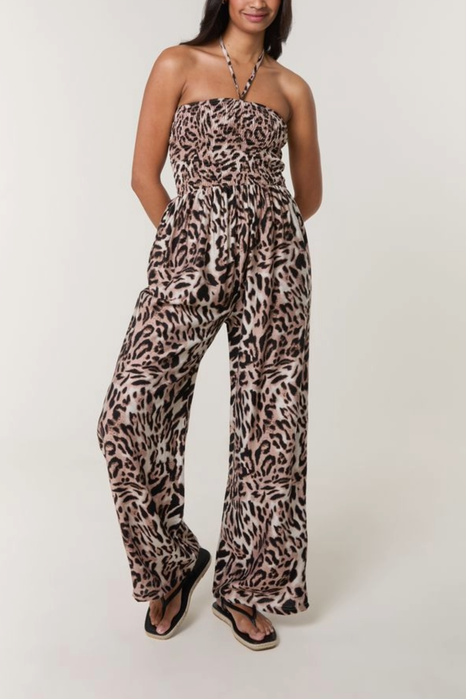 Leopard Print Shirred Bodice Halterneck Jumpsuit