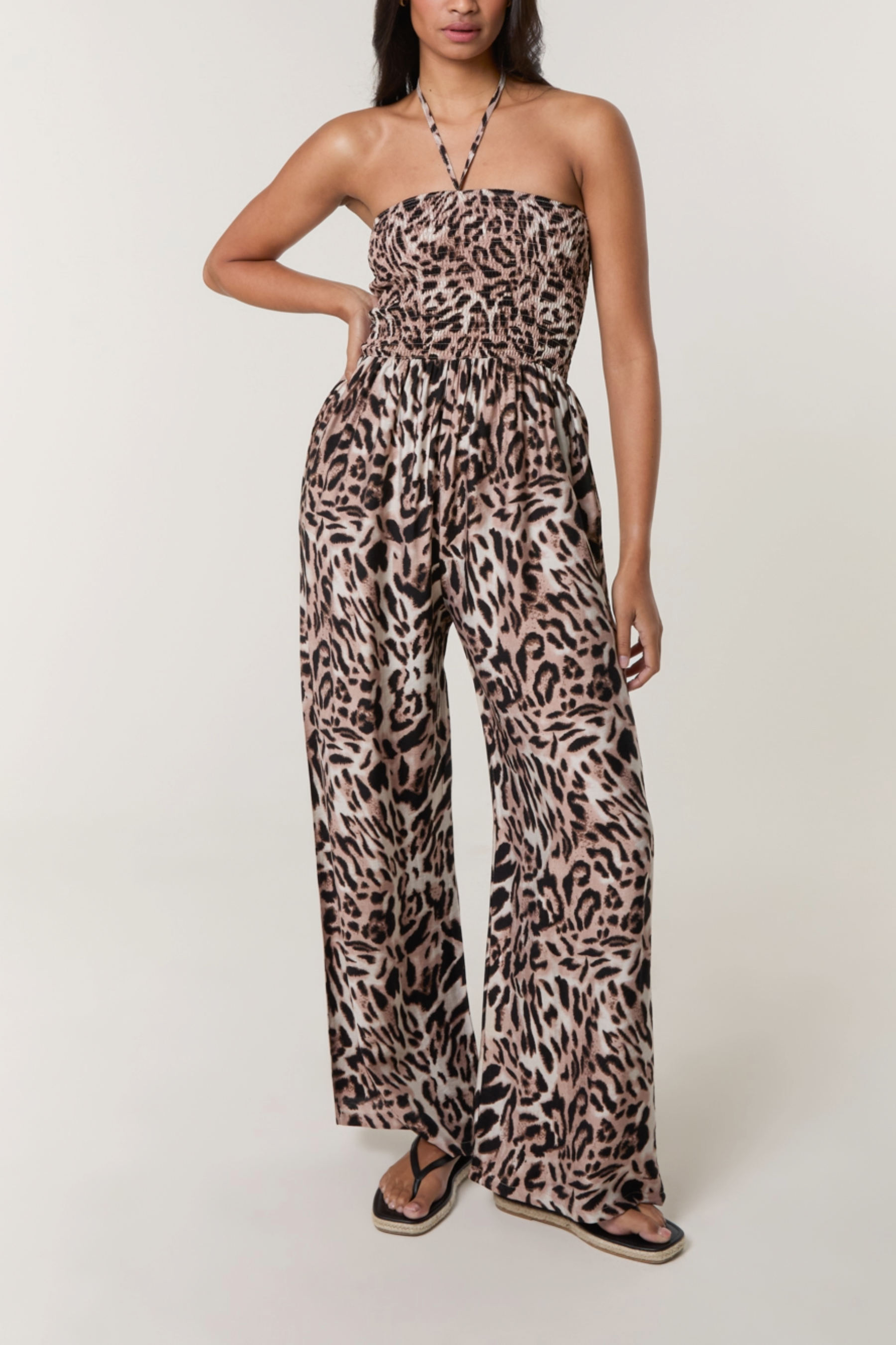 Leopard Print Shirred Bodice Halterneck Jumpsuit