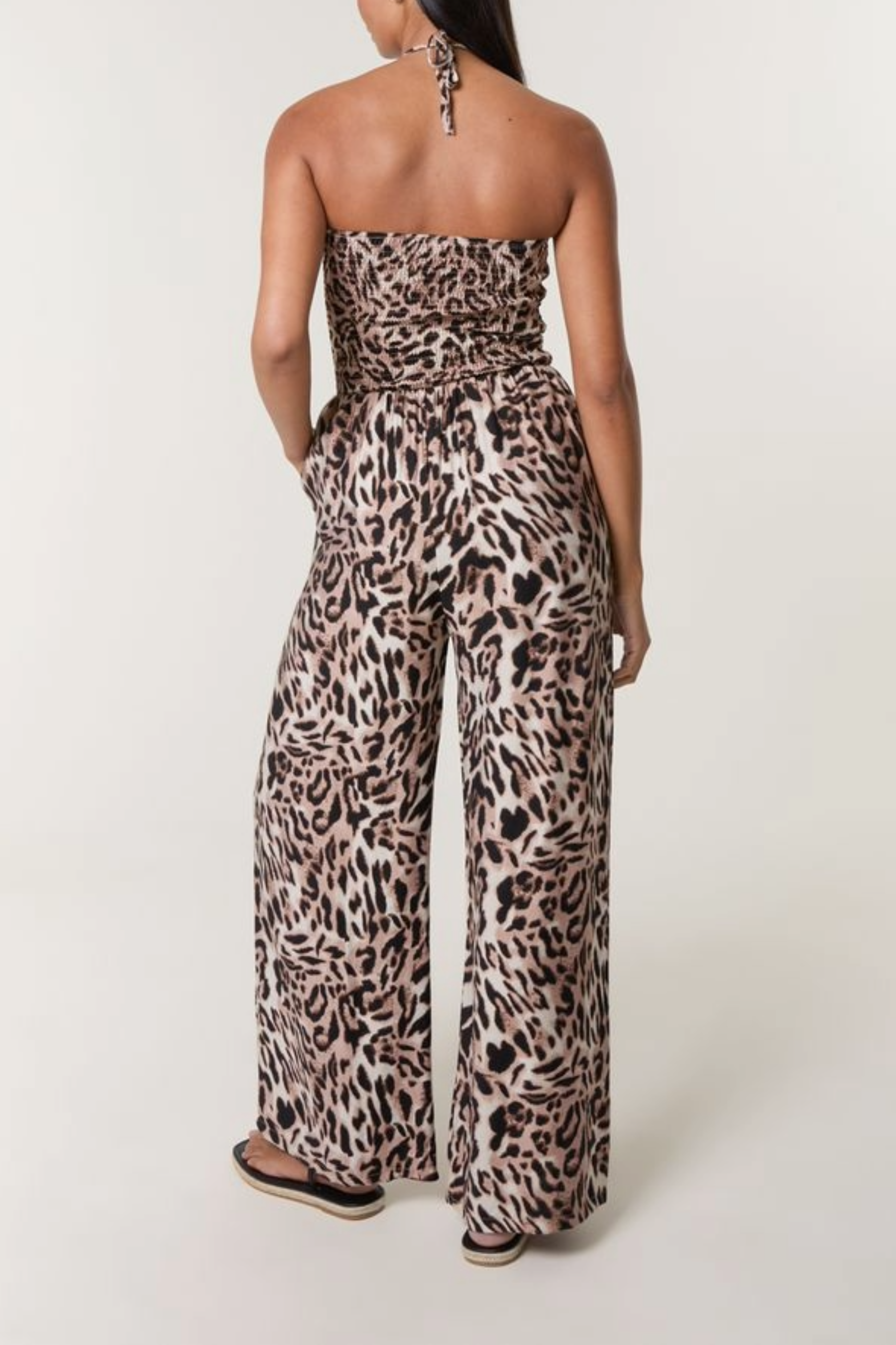 Leopard Print Shirred Bodice Halterneck Jumpsuit
