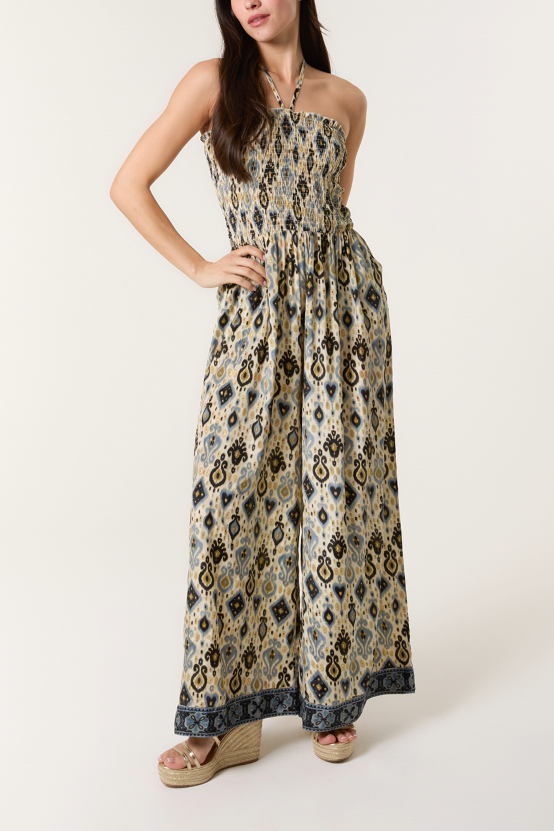 Damask Shirred Wide Leg Jumpsuit
