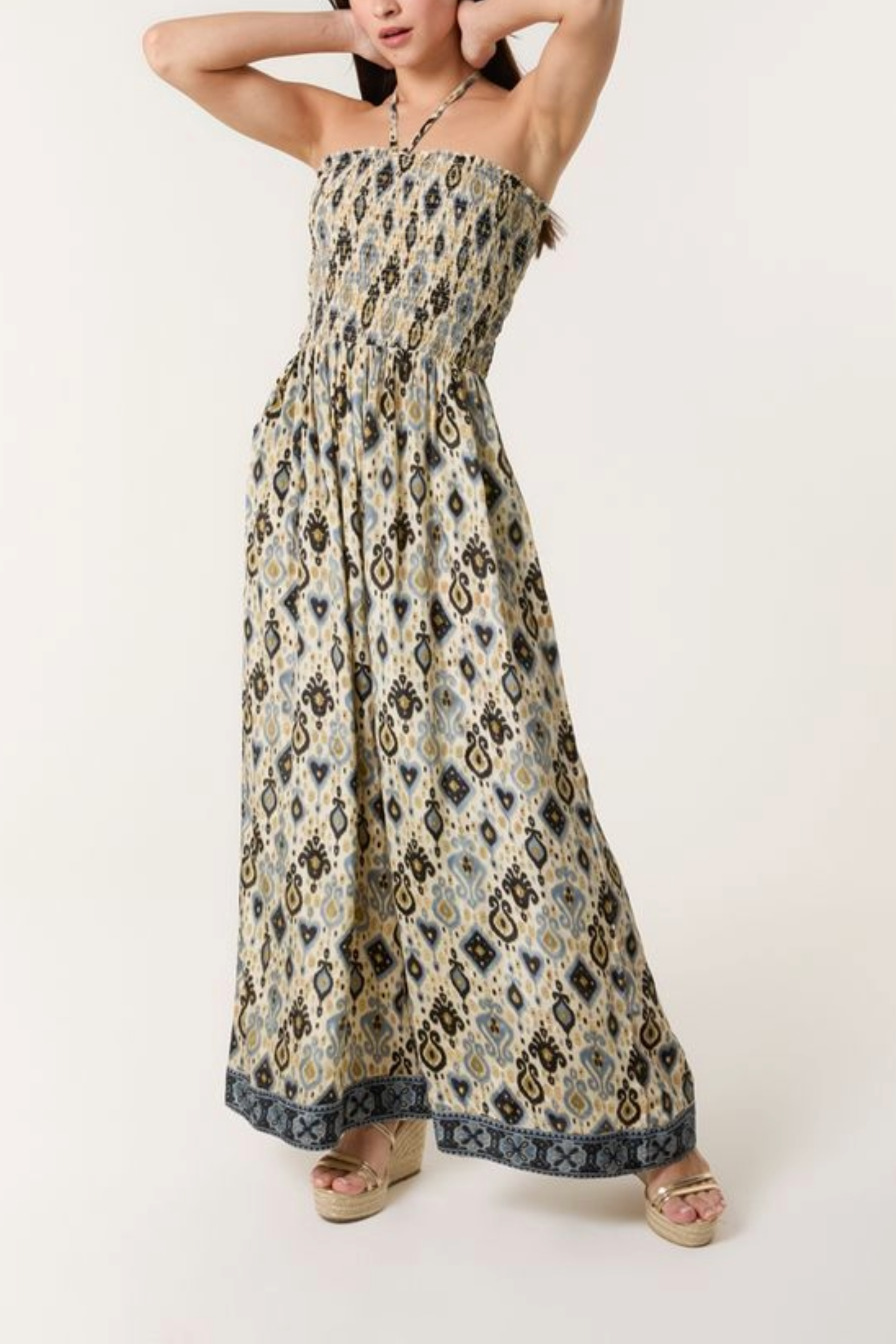 Damask Shirred Wide Leg Jumpsuit