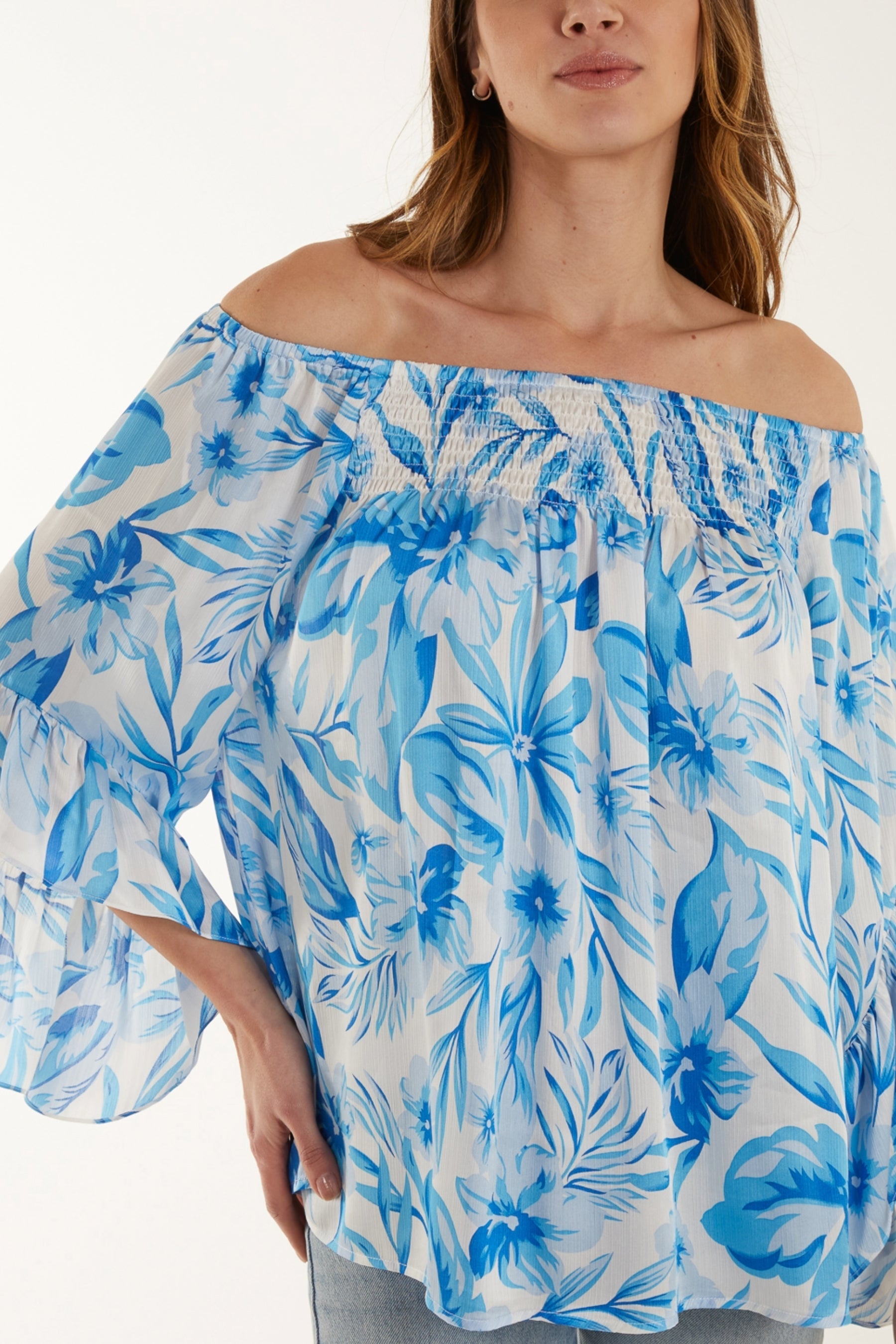 Shirred Bardot Printed Top