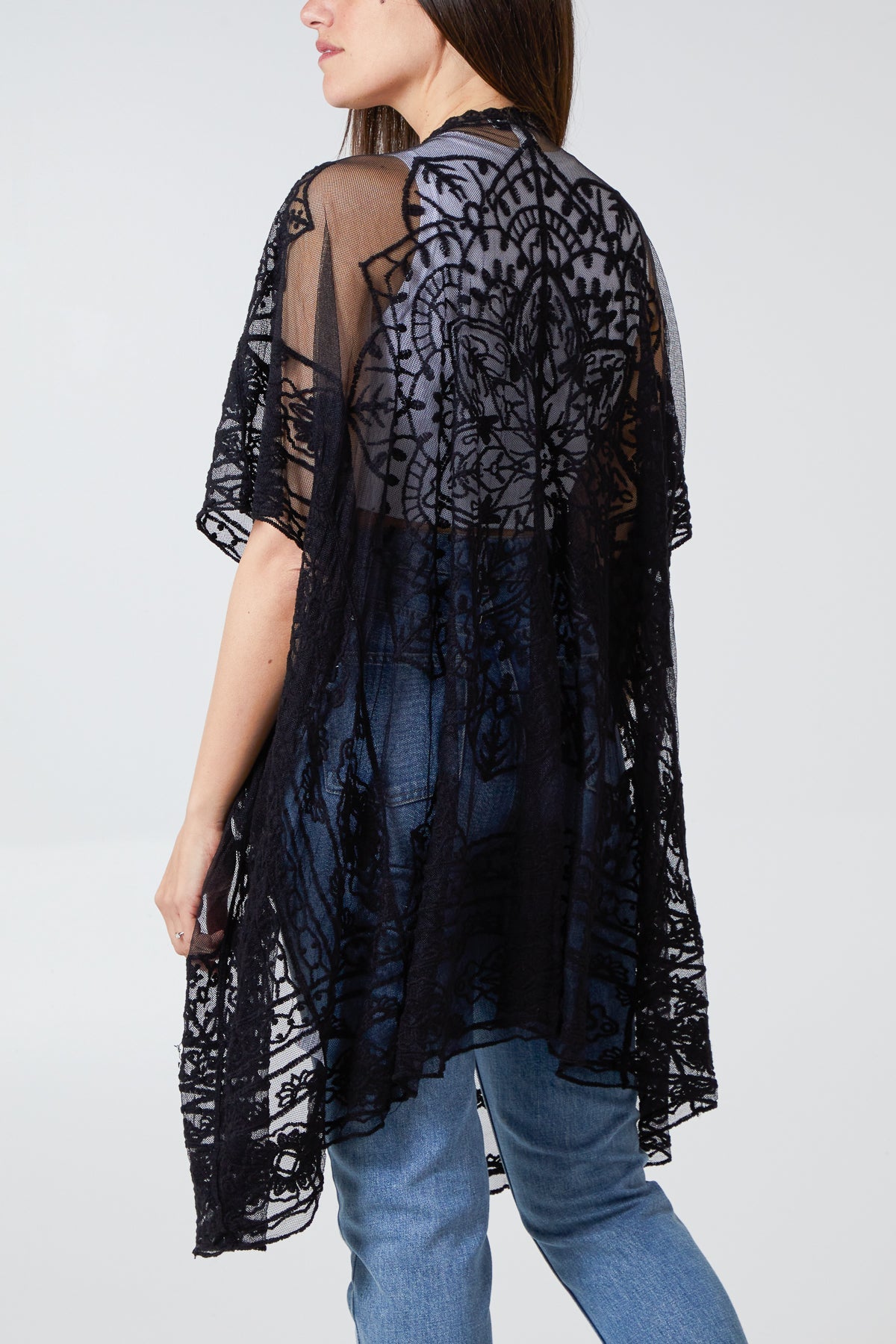 Batwing Sleeve Lace Embroidery Kimono