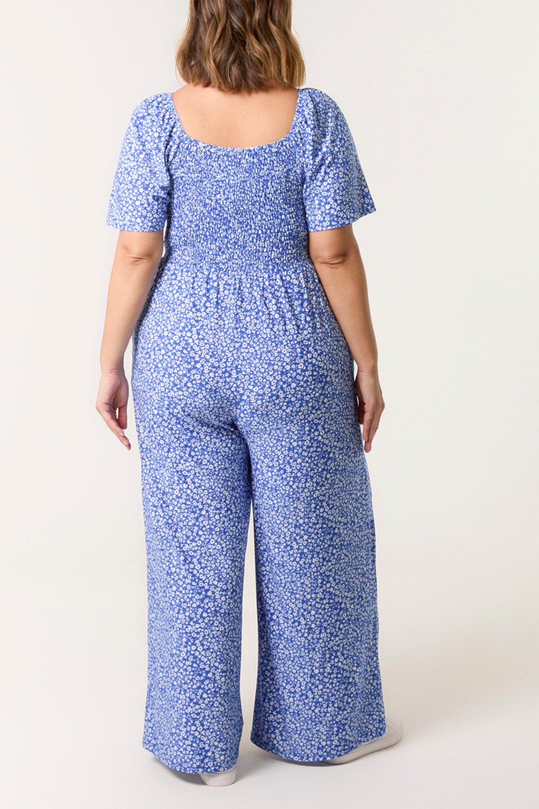 Curve Ditsy Floral Square Neck Shirred Jumpsuit
