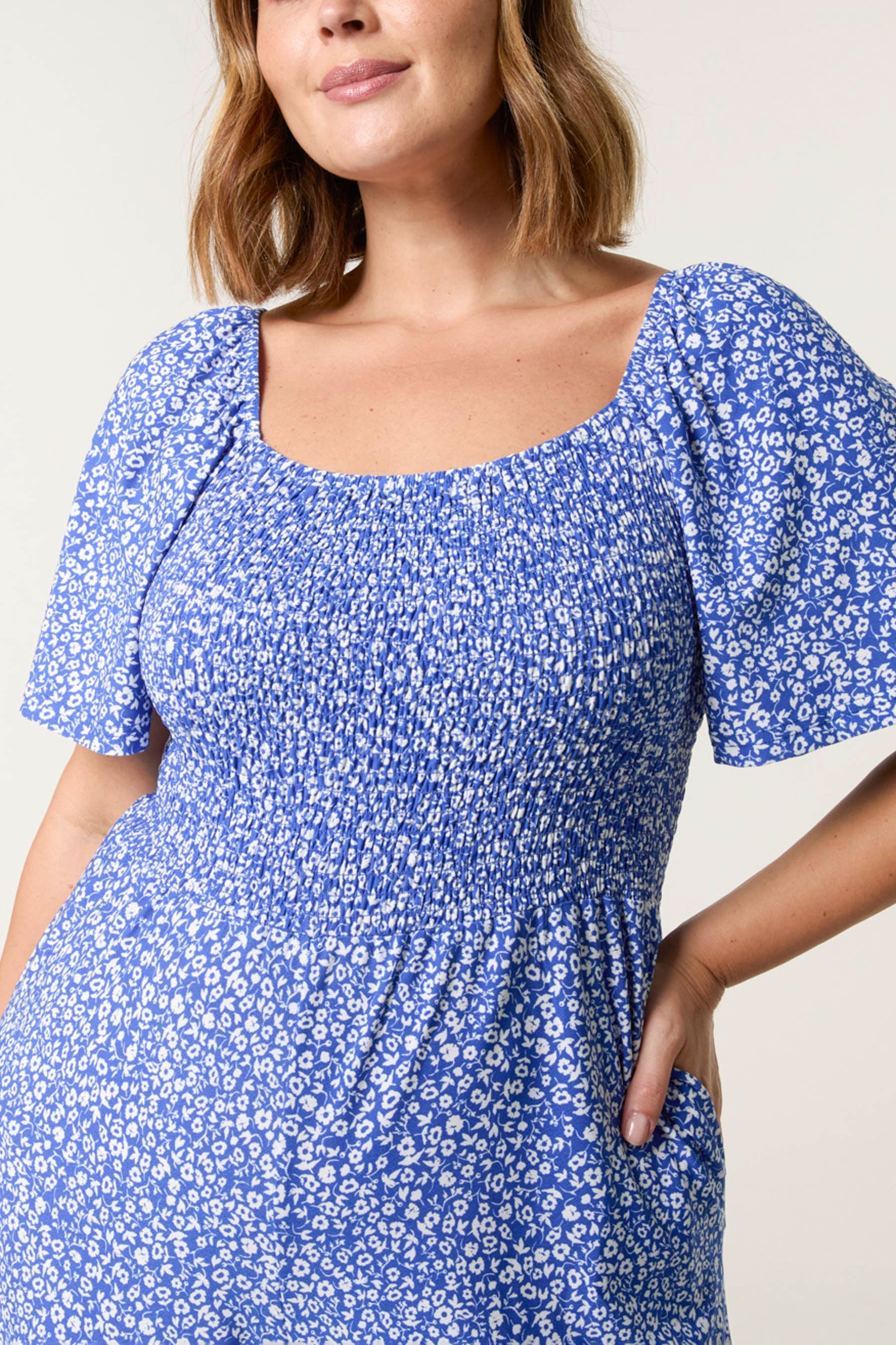 Curve Ditsy Floral Square Neck Shirred Jumpsuit