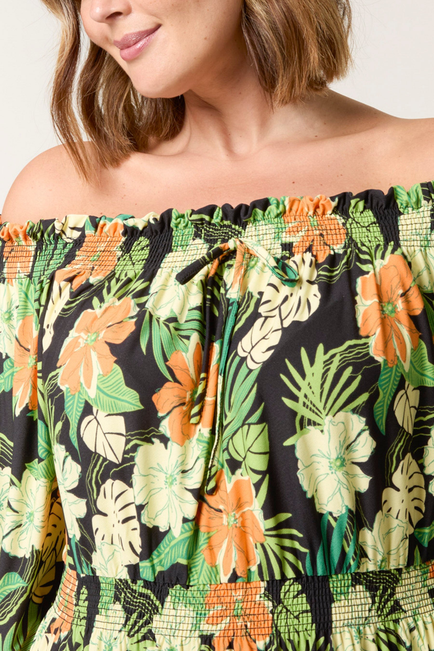 Curve Tropical Floral Bardot Elasticated Dress