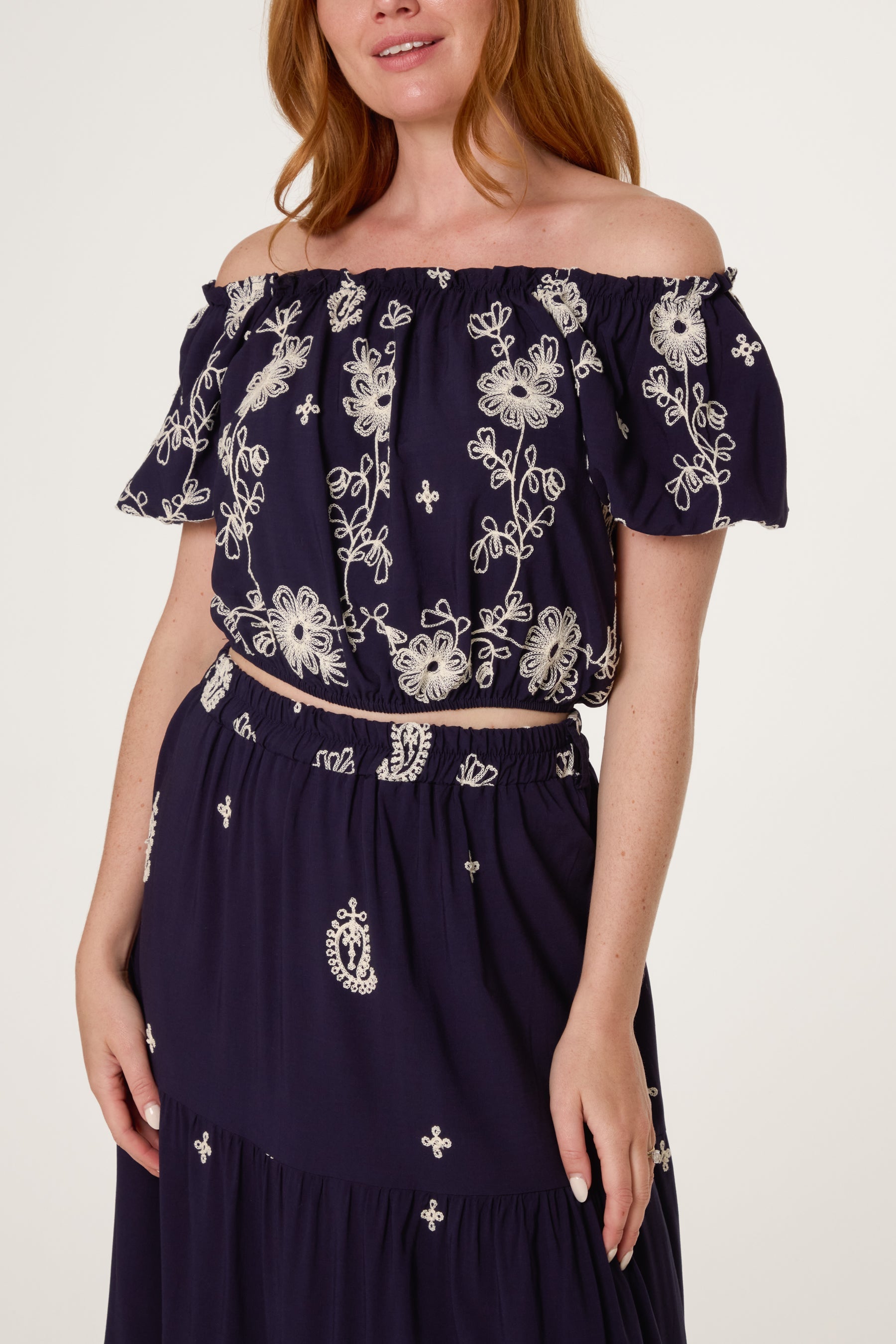 Embroidery Bardot Puff Top & Skirt Set