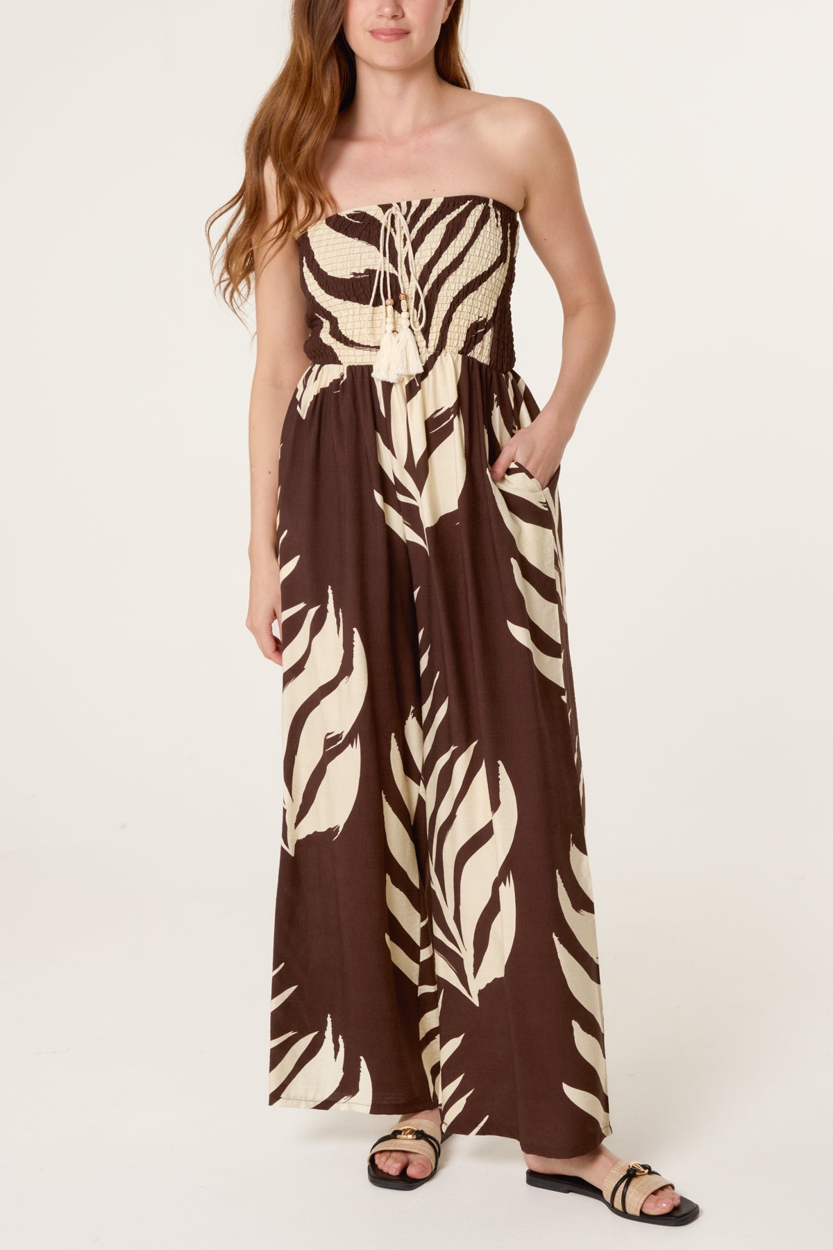 Bandeau Tassel Leaf Print Jumpsuit