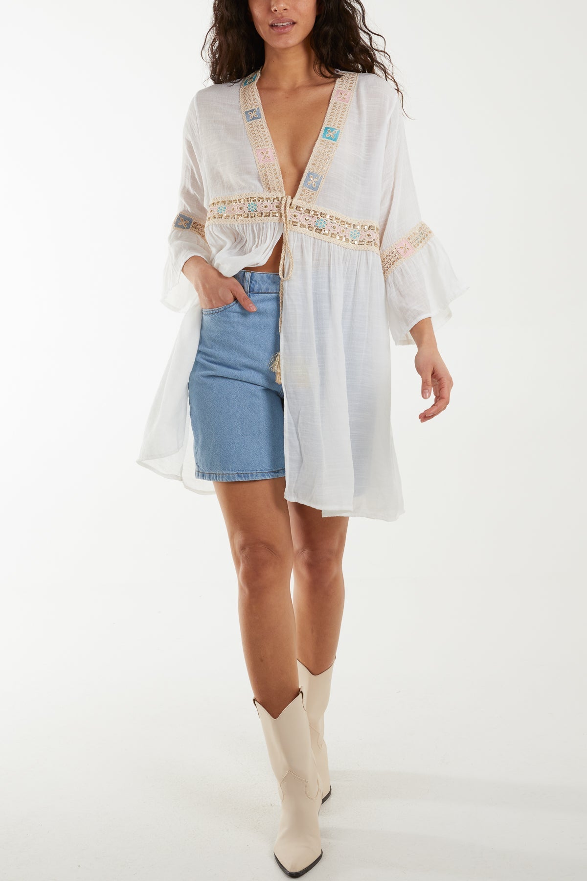 Embroidery & Tassel Cotton Tie Kimono