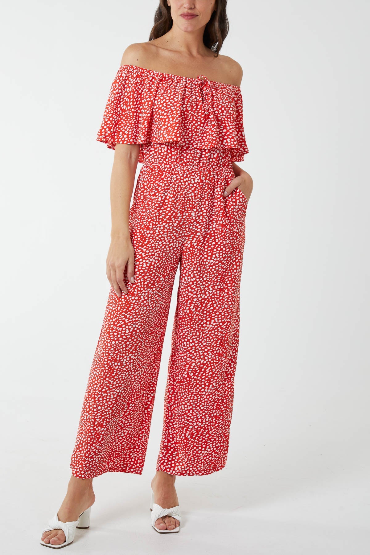 Spot Bardot Ruffle Jumpsuit