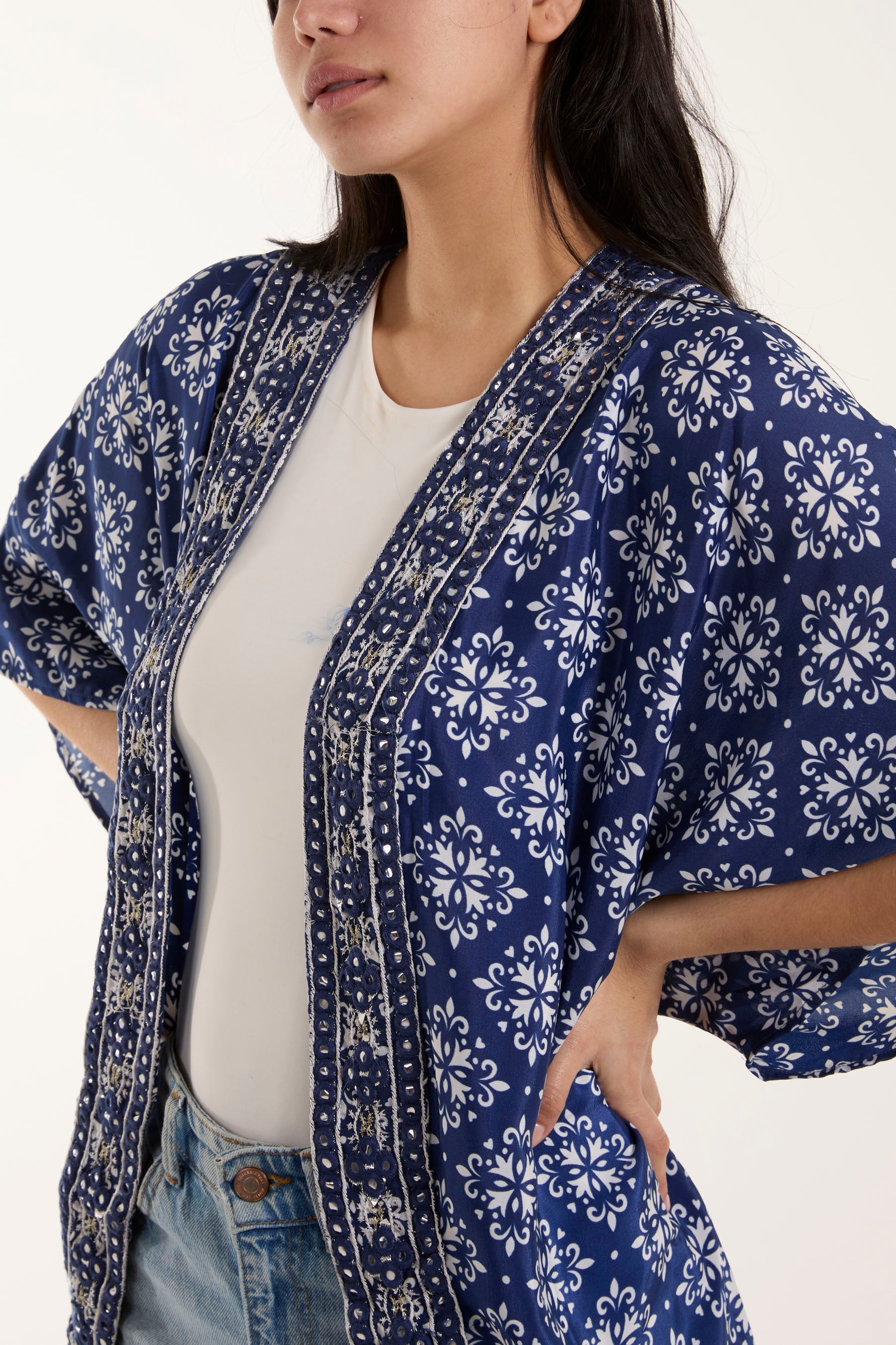 Cocoon Embellished Print Art Silk Kimono