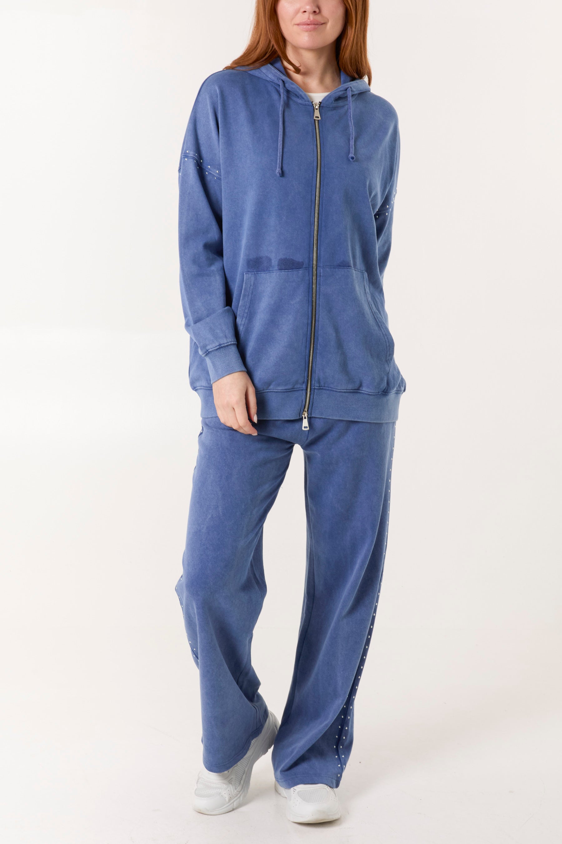Acid Wash Studded Zip Front Hoodie Set